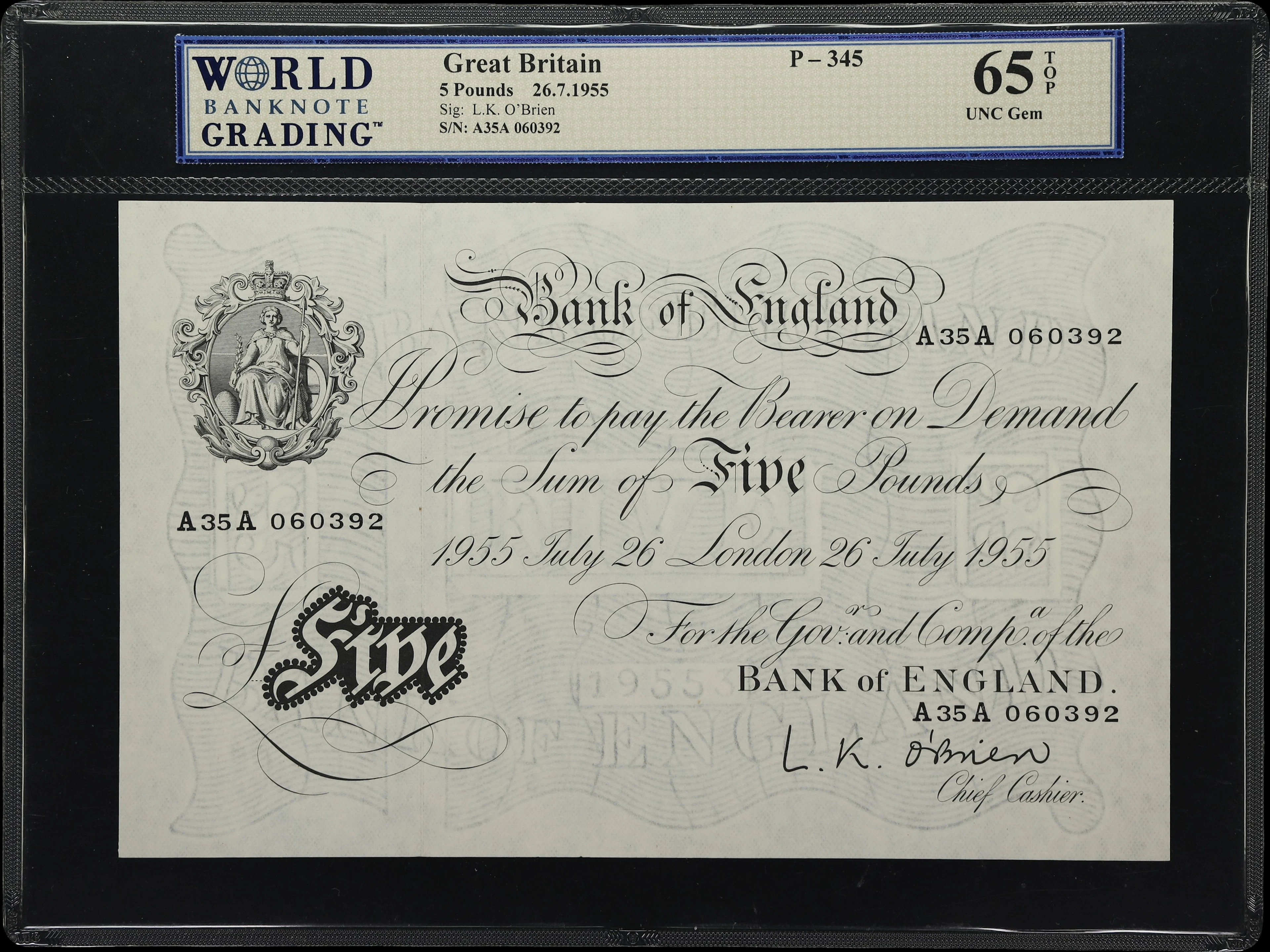 GREAT BRITAIN. Bank of England. 5 Pounds, 26.7.1955. P-345. WBG Gem