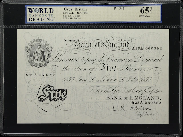 GREAT BRITAIN. Bank of England. 5 Pounds, 26.7.1955. P-345. WBG Gem