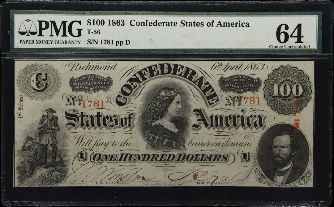 T-56. Confederate Currency. 1863 $100. PMG Choice Uncirculated 64.