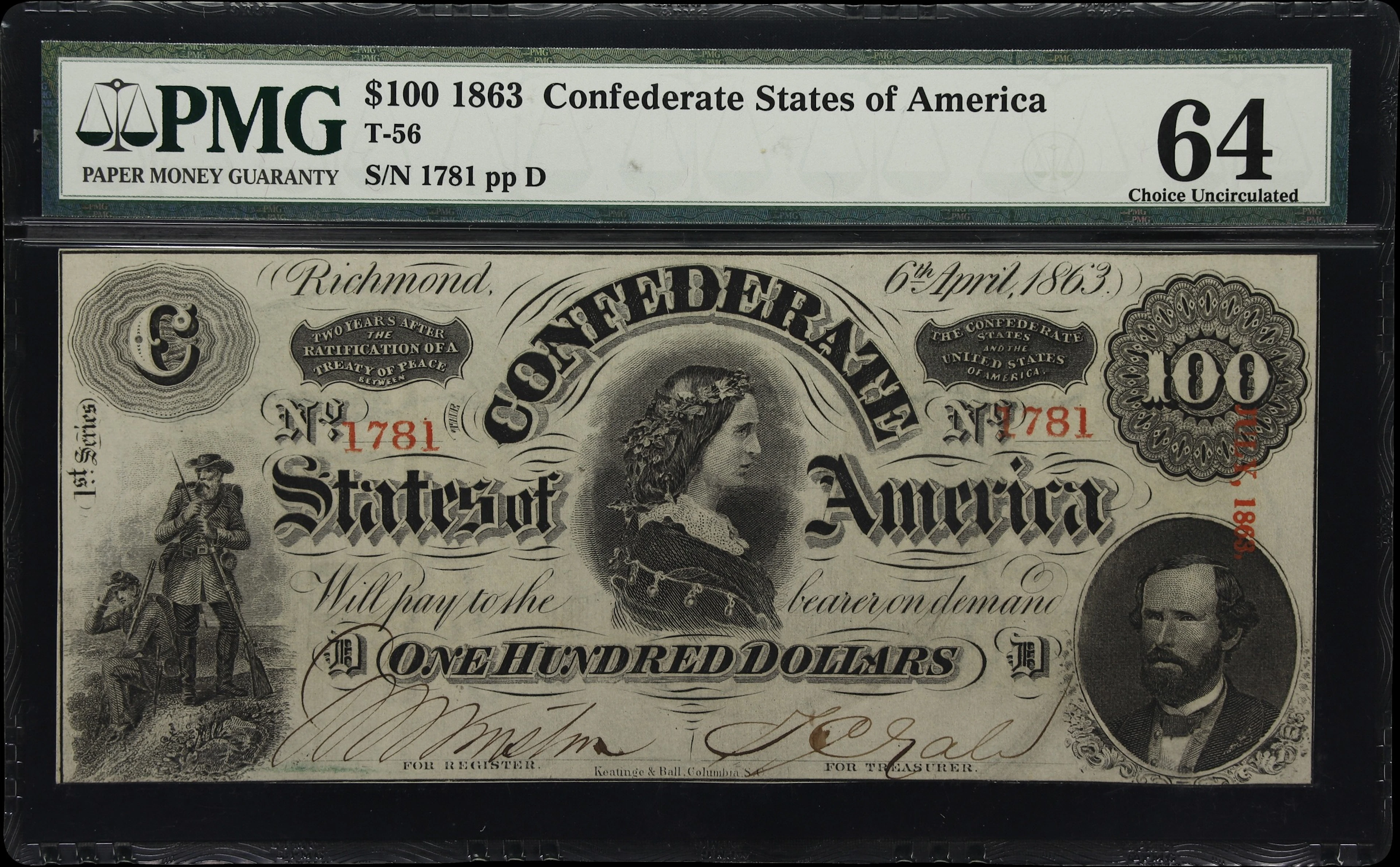 T-56. Confederate Currency. 1863 $100. PMG Choice Uncirculated 64.