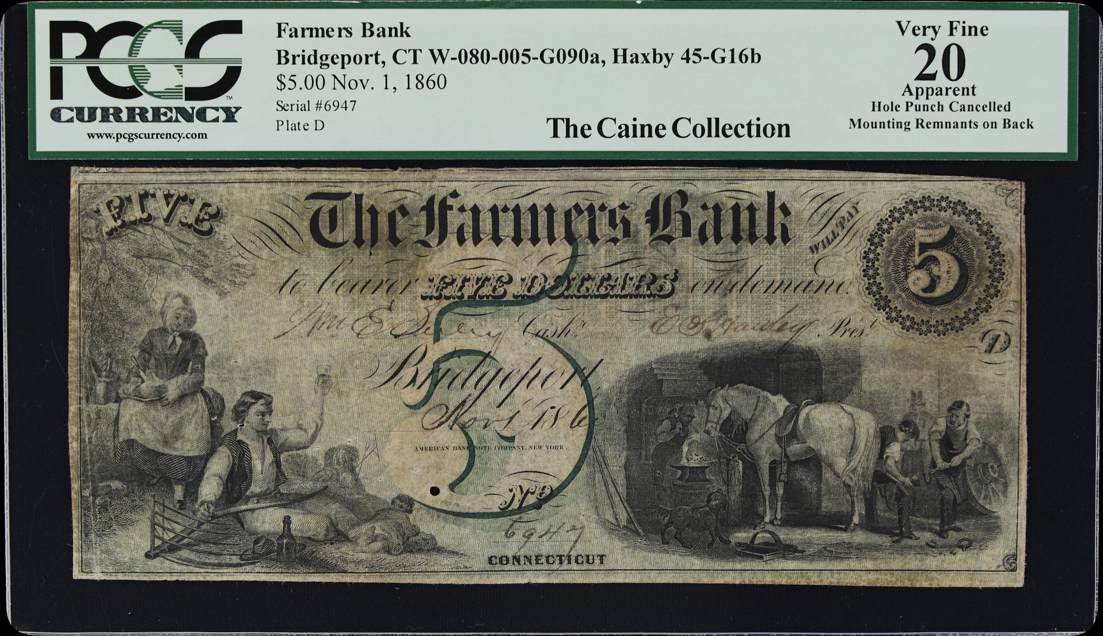 Bridgeport, Connecticut. Farmers Bank. 1860 $5. PCGS Currency Very