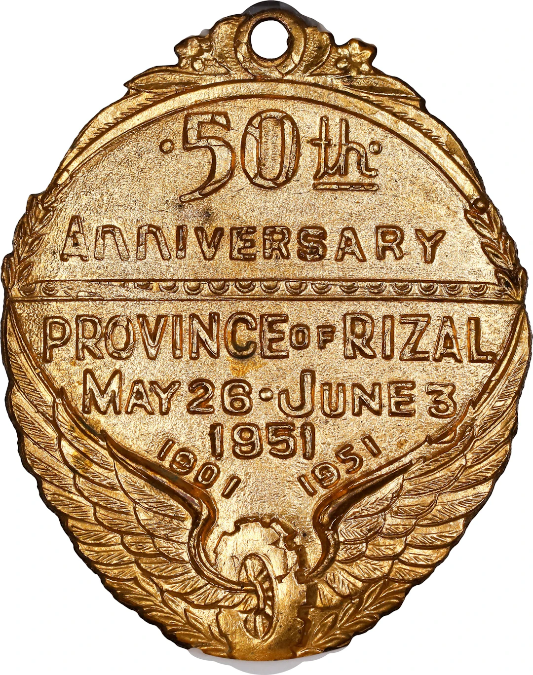 PHILIPPINES. Rizal. 50th Anniversary Gilt Bronze Medal, 1951. NGC MS-64.