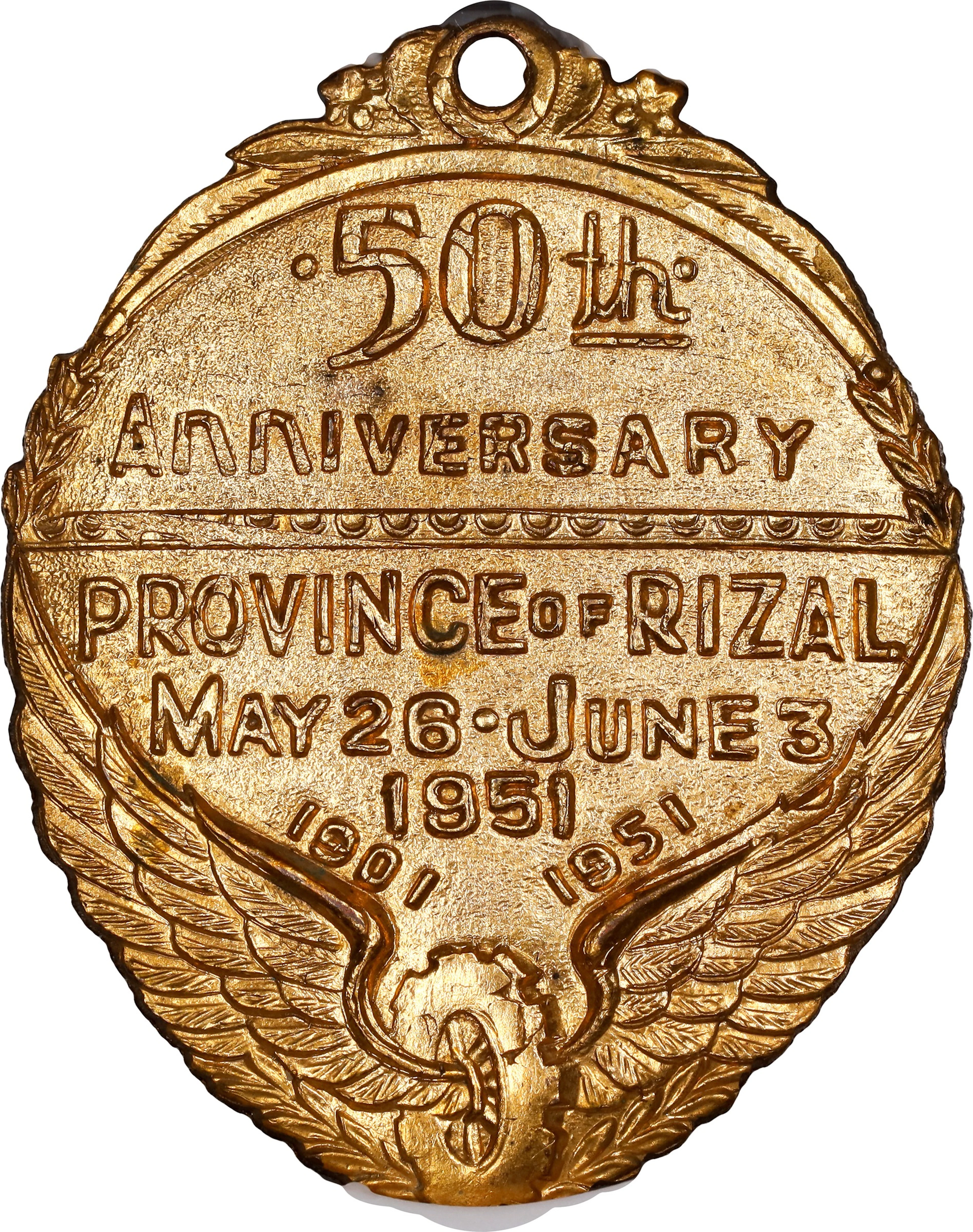 PHILIPPINES. Rizal. 50th Anniversary Gilt Bronze Medal, 1951. NGC MS-64.