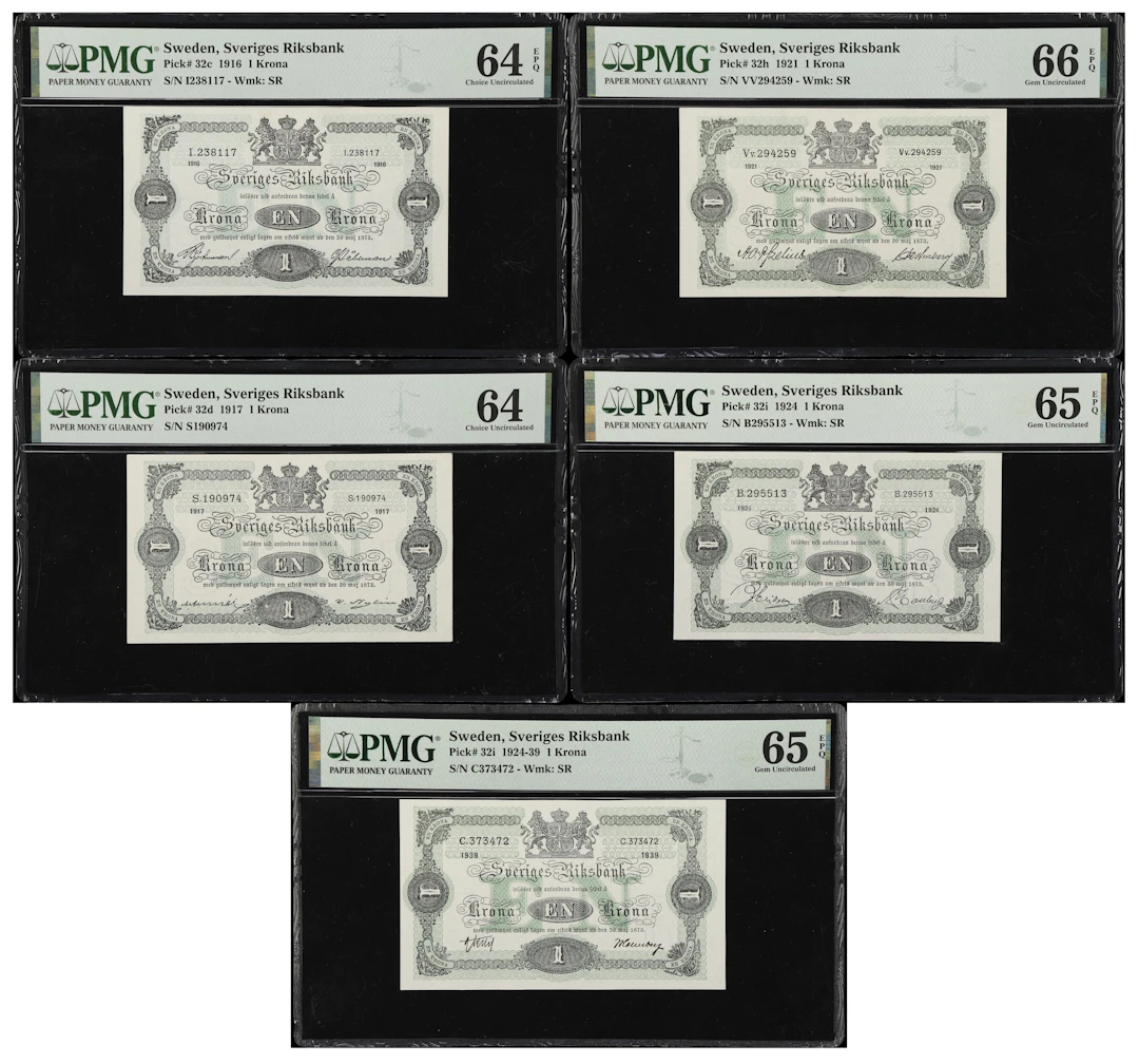 (◊) SWEDEN. Lot of (5). Sveriges Riksbank. 1 Krona, 1916-1939. P-32c