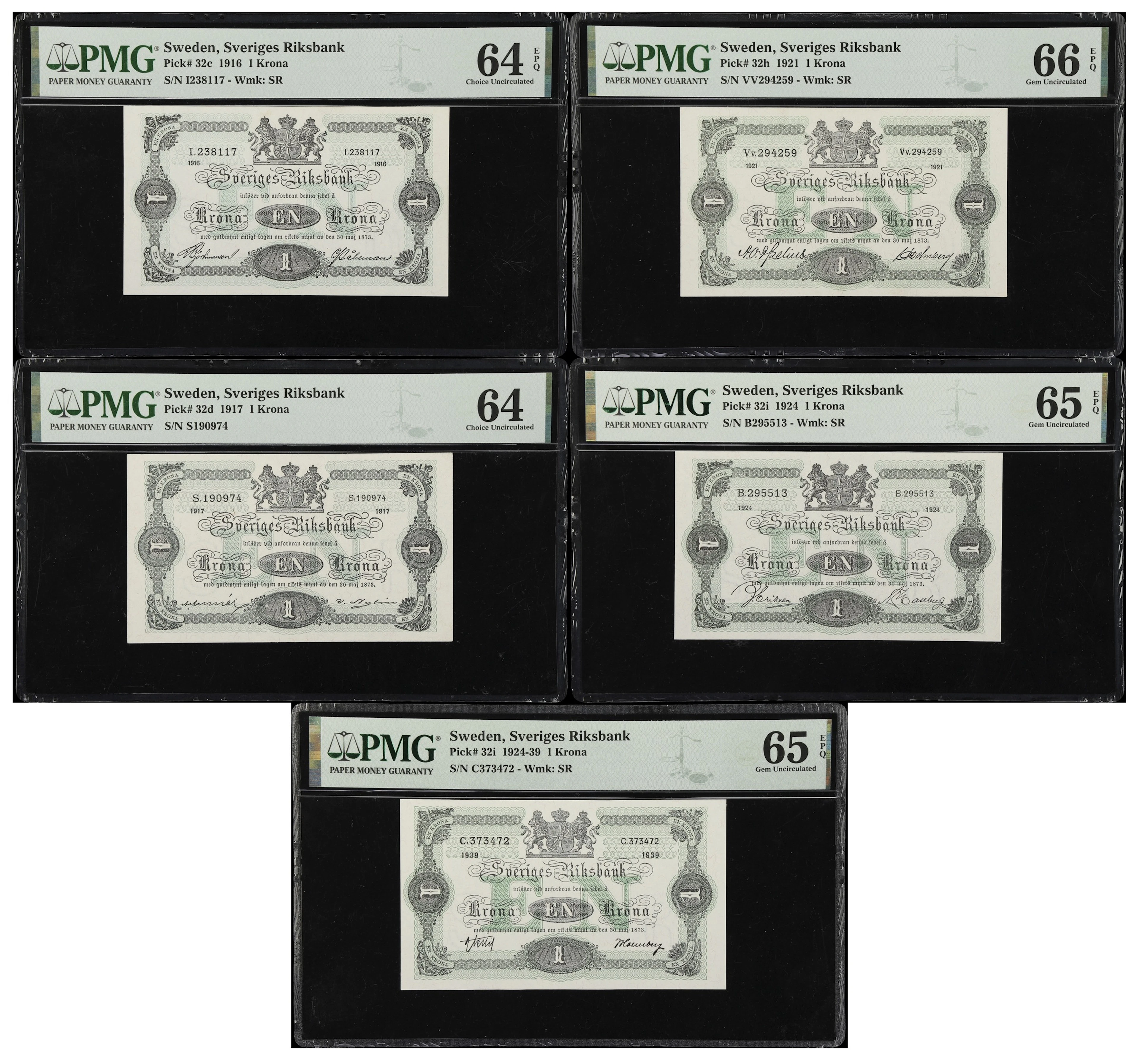 (◊) SWEDEN. Lot of (5). Sveriges Riksbank. 1 Krona, 1916-1939. P-32c