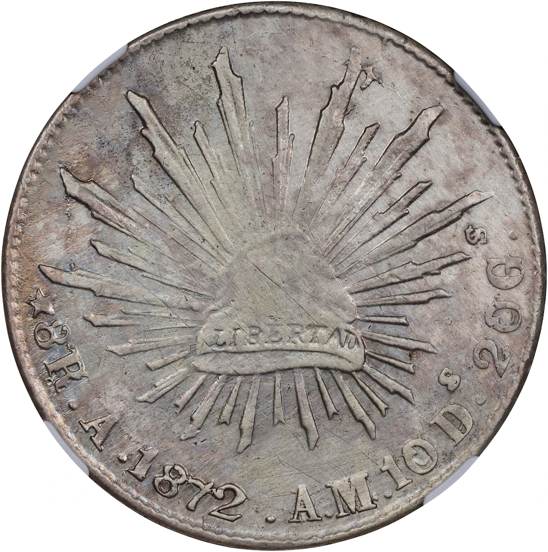 MEXICO. 8 Reales, 1872-A AM/DL. Alamos Mint. NGC AU Details--Brushed.