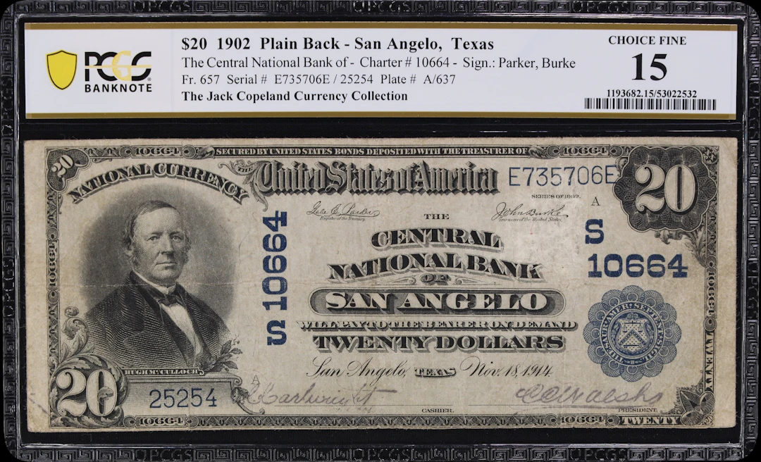 San Angelo, Texas. $20 1902 Plain Back. Fr. 657. Central NB. Charter