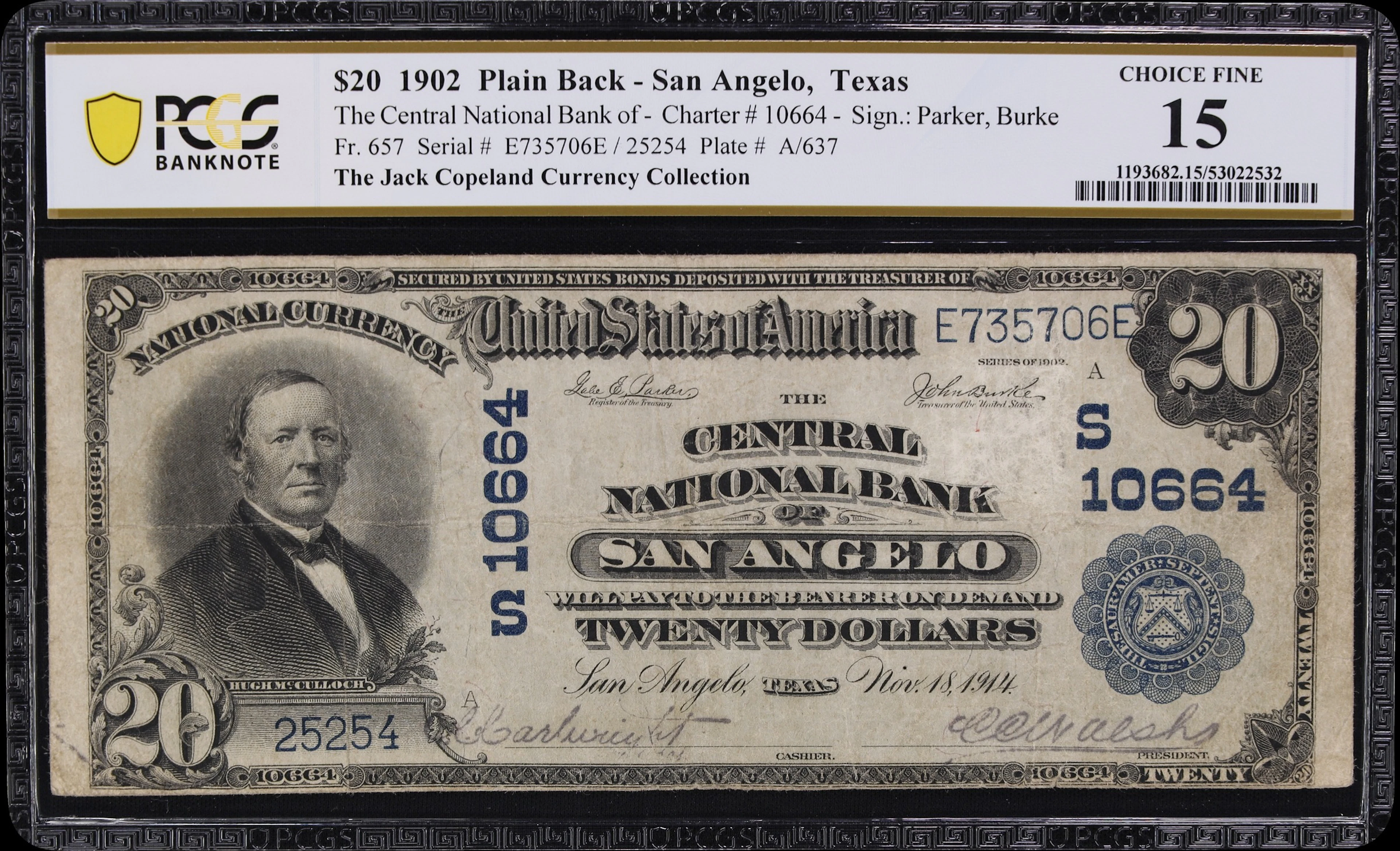 San Angelo, Texas. $20 1902 Plain Back. Fr. 657. Central NB. Charter