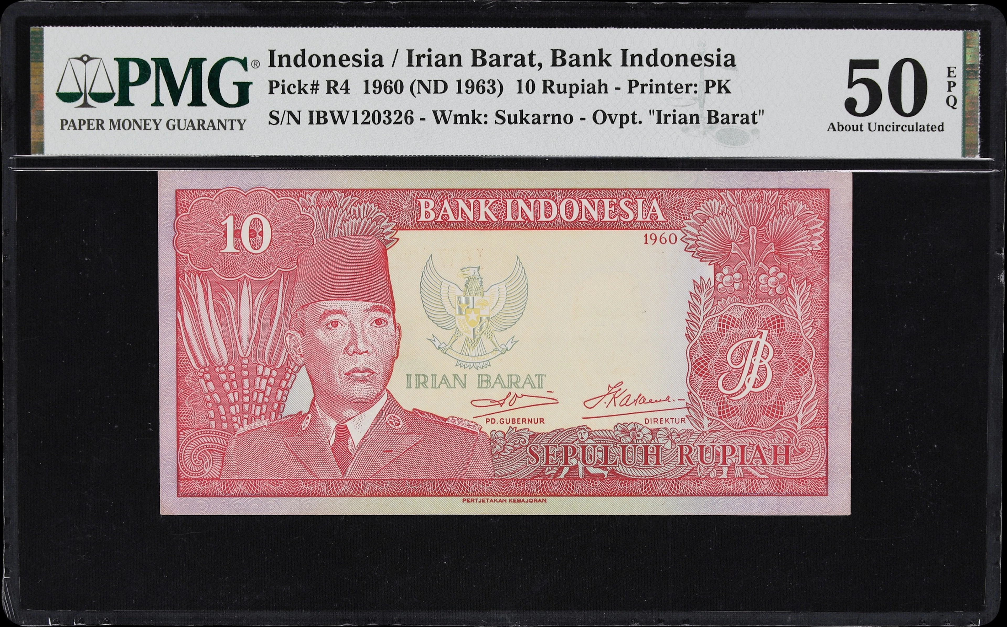 INDONESIA. Bank Indonesia. 10 Rupiah, 1960. P-R4. PMG About Uncirculated