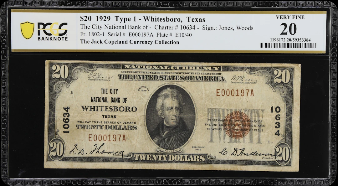 Whitesboro, Texas. $20 1929 Ty. 1. Fr. 1802-1. City NB. Charter #10634.