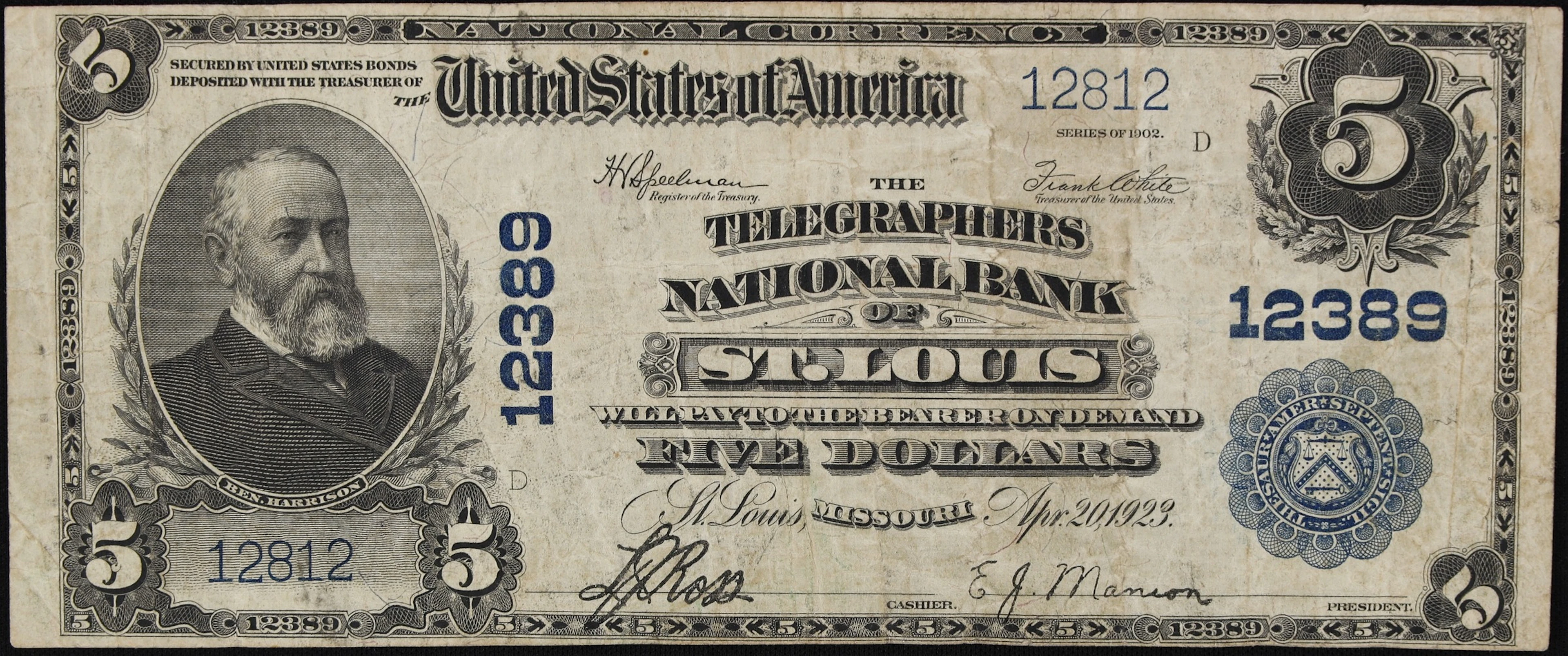 Saint Louis, Missouri. $5 1902 Plain Back. Fr. 609. The Telegraphers