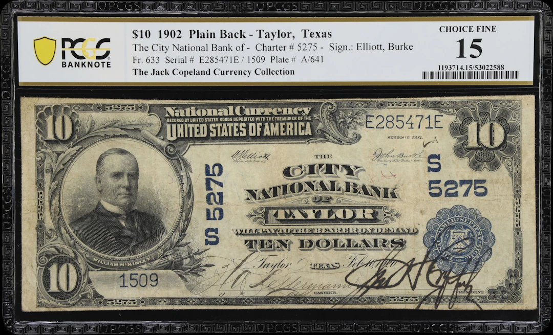 Taylor, Texas. $10 1902 Plain Back. Fr. 633. City NB. Charter #5275.