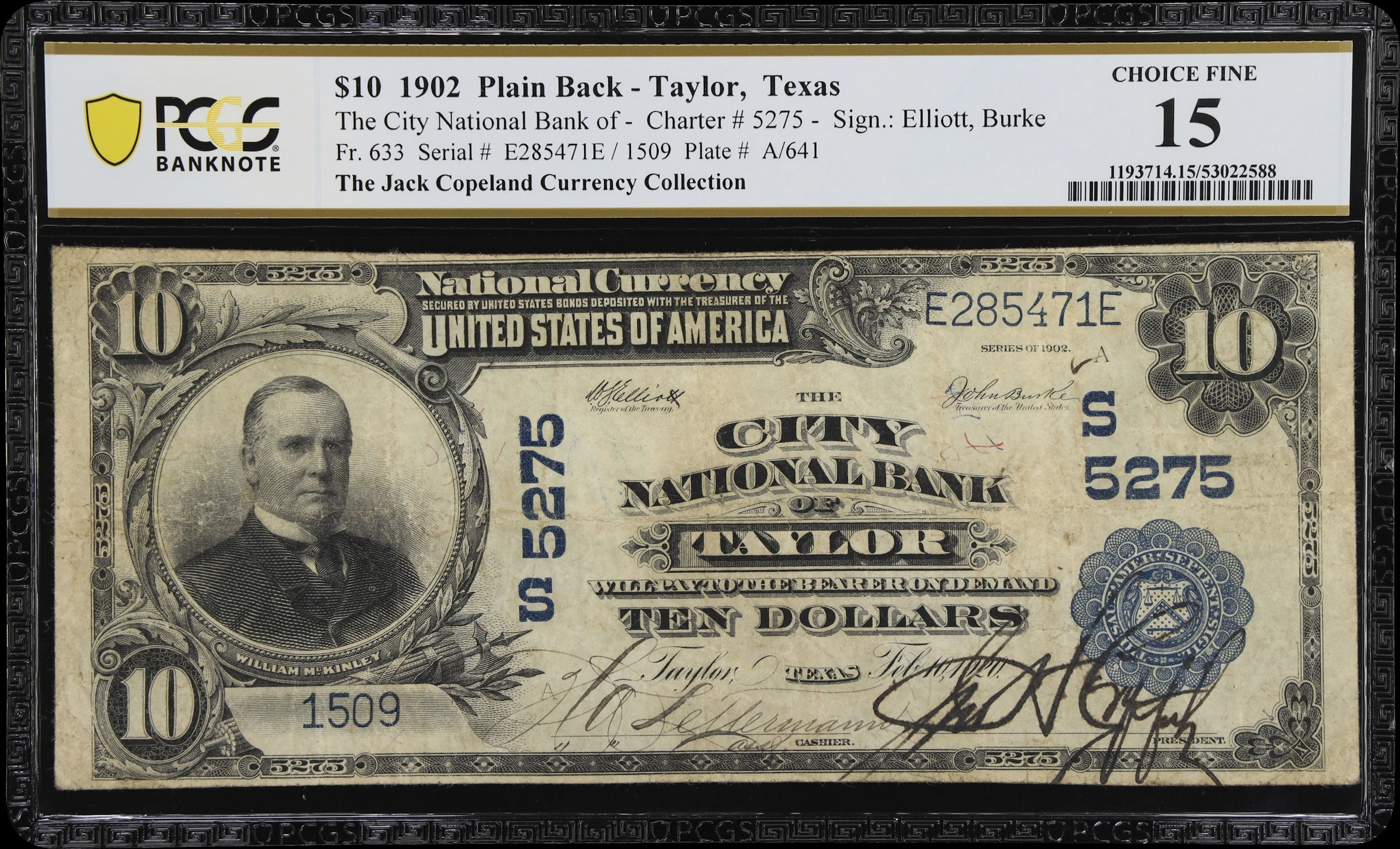 Taylor, Texas. $10 1902 Plain Back. Fr. 633. City NB. Charter #5275.