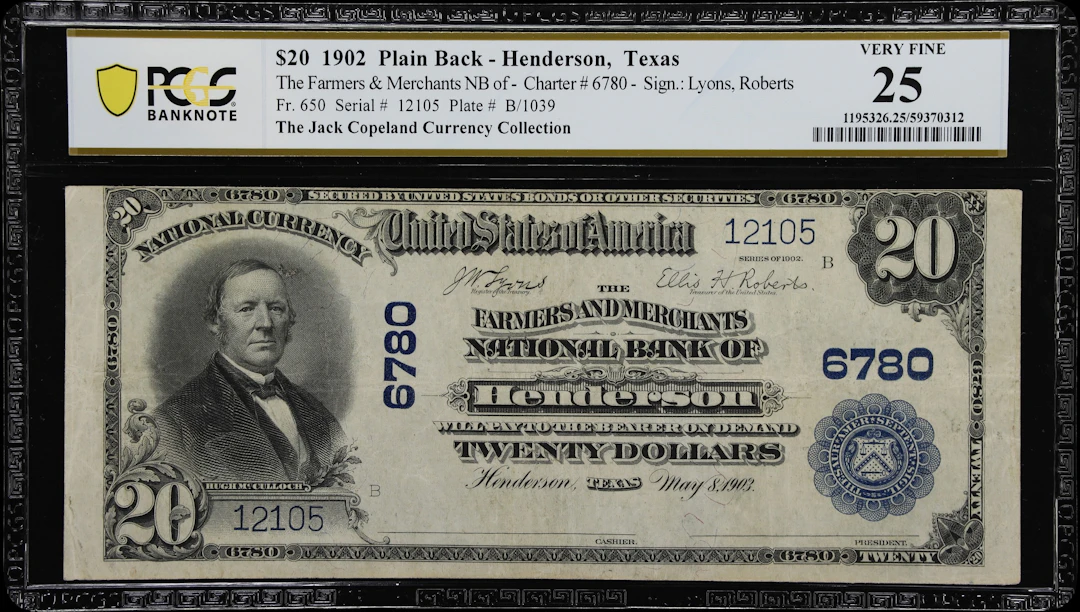 Henderson, Texas. $20 1902 Plain Back. Fr. 650. Farmers & Merchants