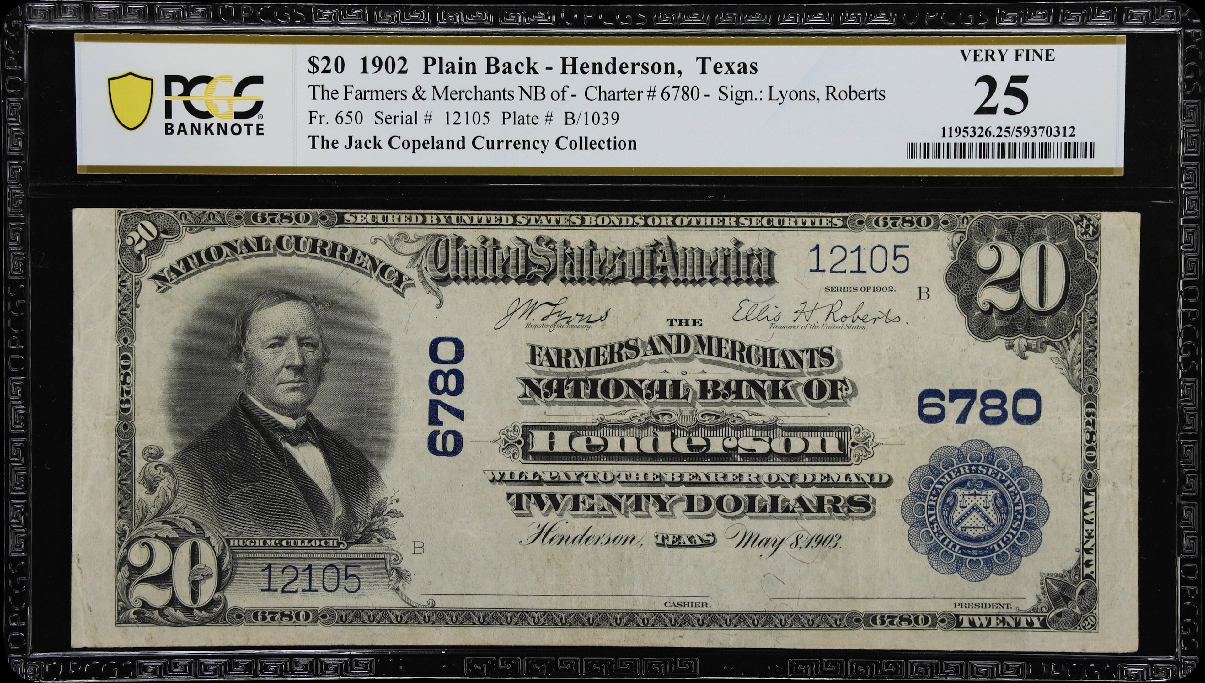 Henderson, Texas. $20 1902 Plain Back. Fr. 650. Farmers & Merchants