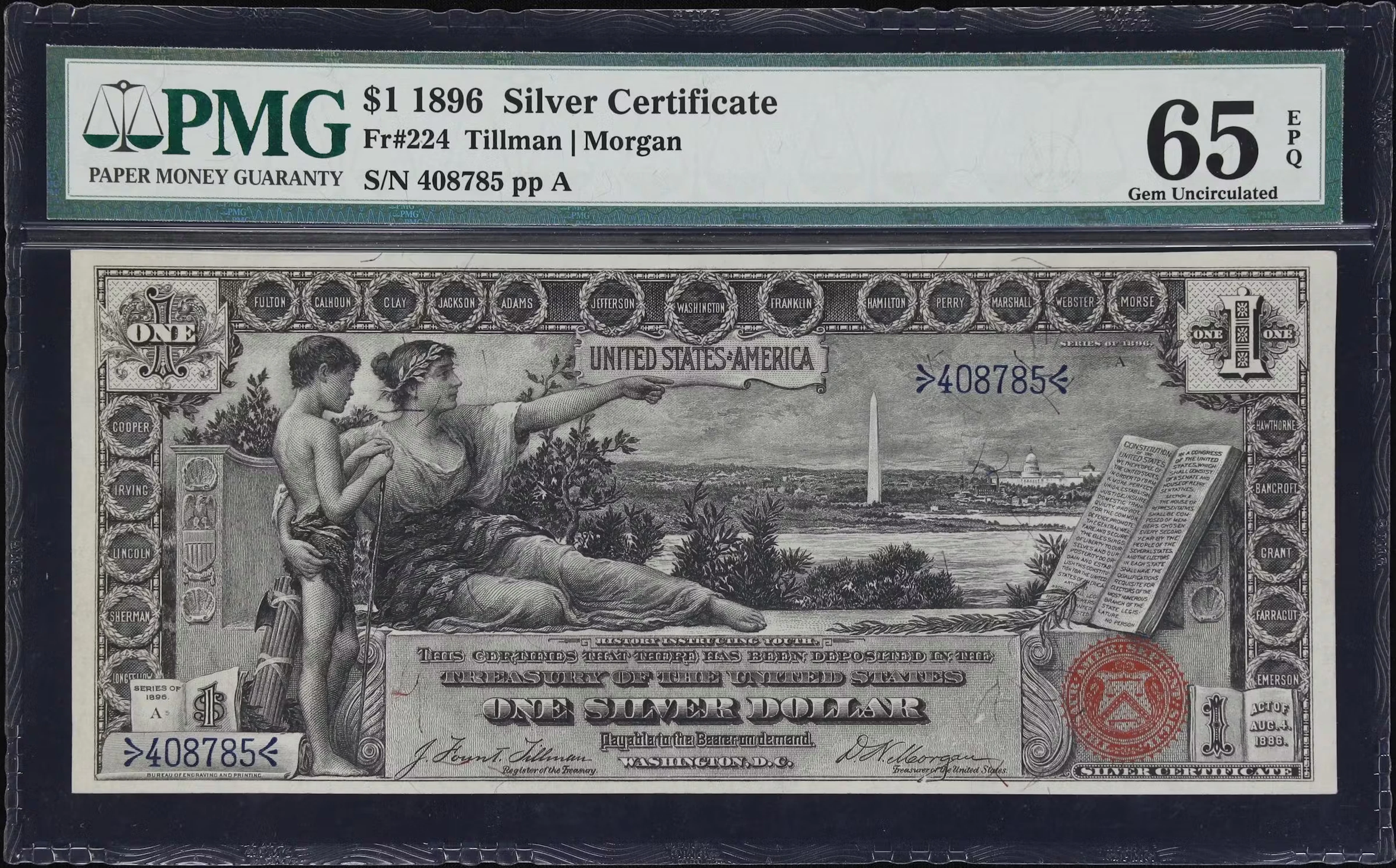Fr. 224. 1896 $1 Silver Certificate. PMG Gem Uncirculated 65 EPQ.