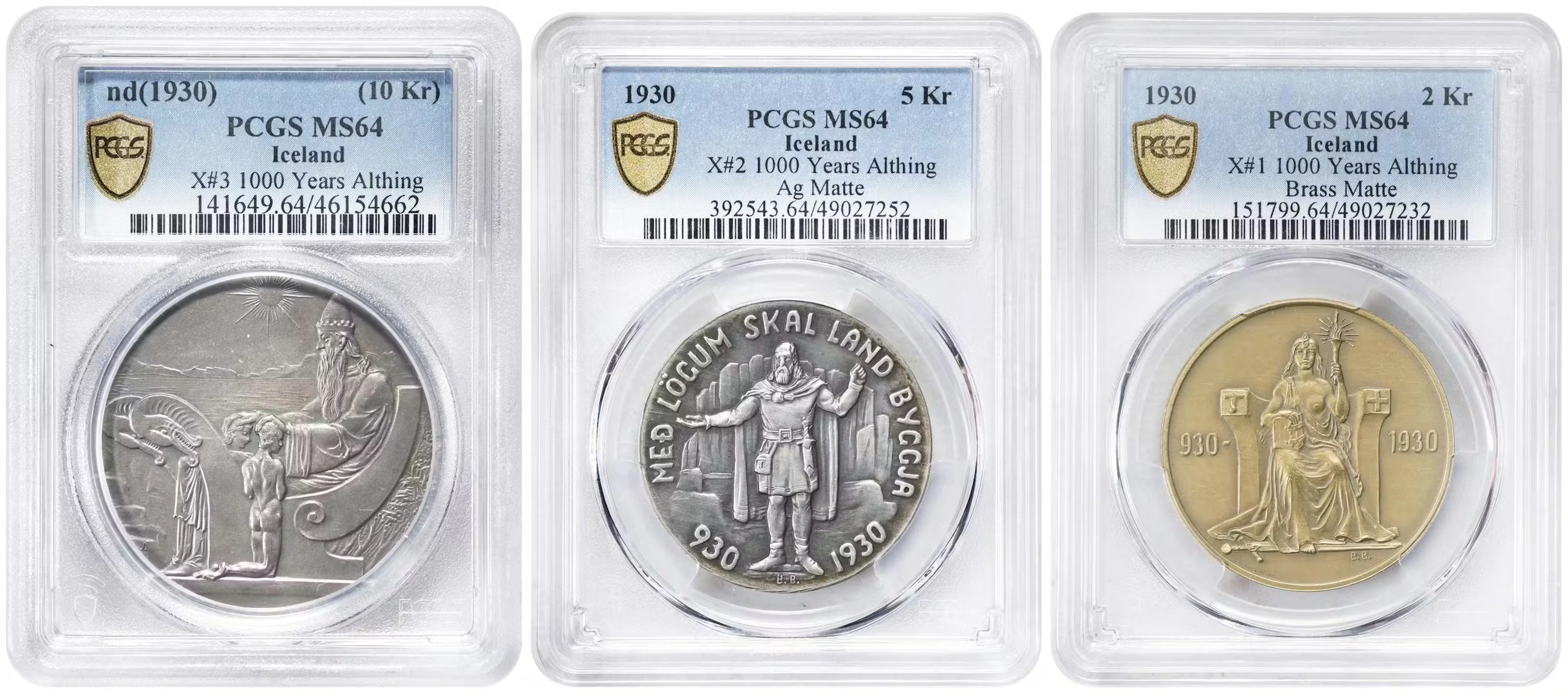 ICELAND. Trio of Medallic Issues (3 Pieces), 1930. All PCGS MS-64 Certified.