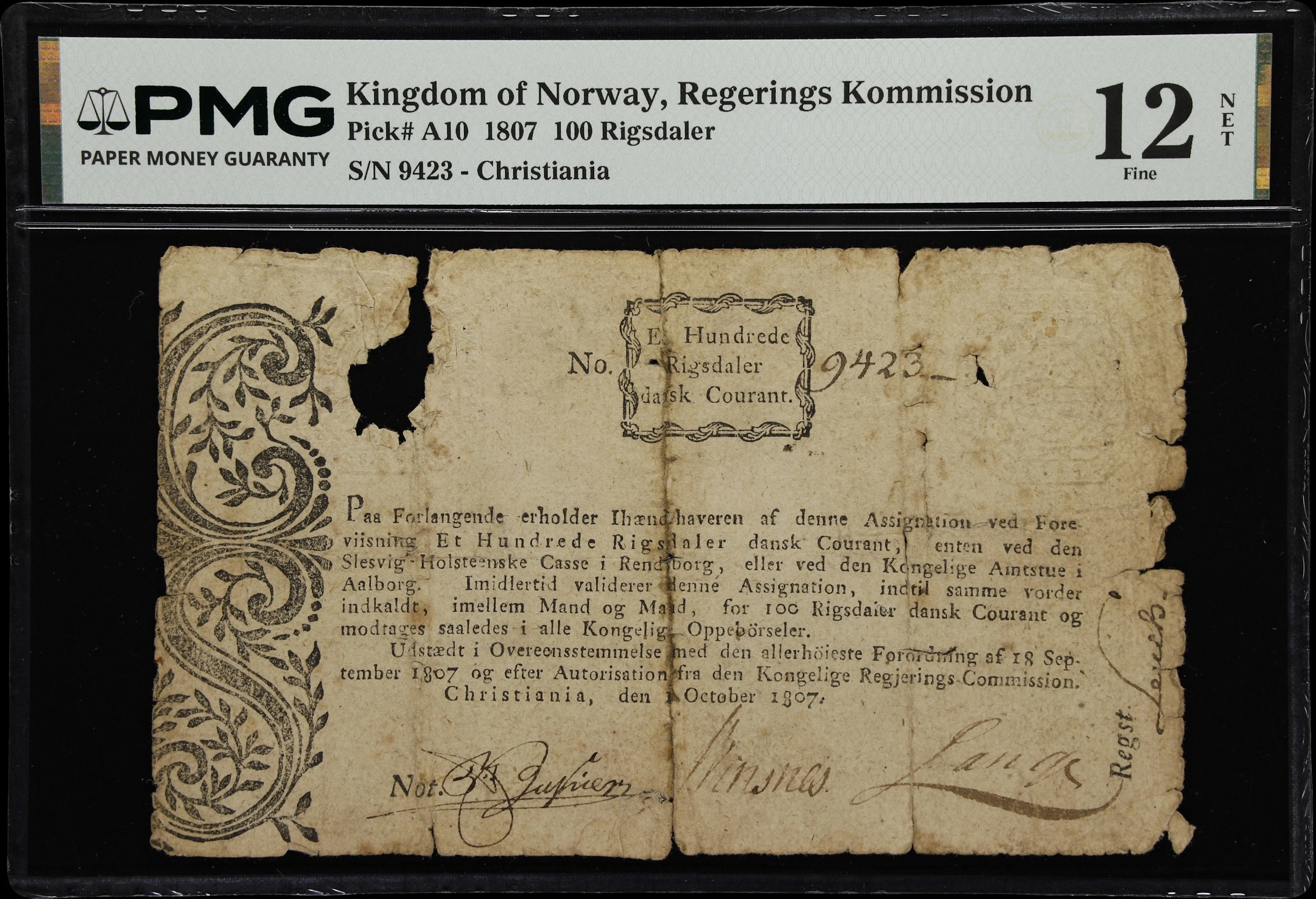 (◊) NORWAY. Regerings commission. 100 Rigsdaler, 1.10.1807. P-A10.