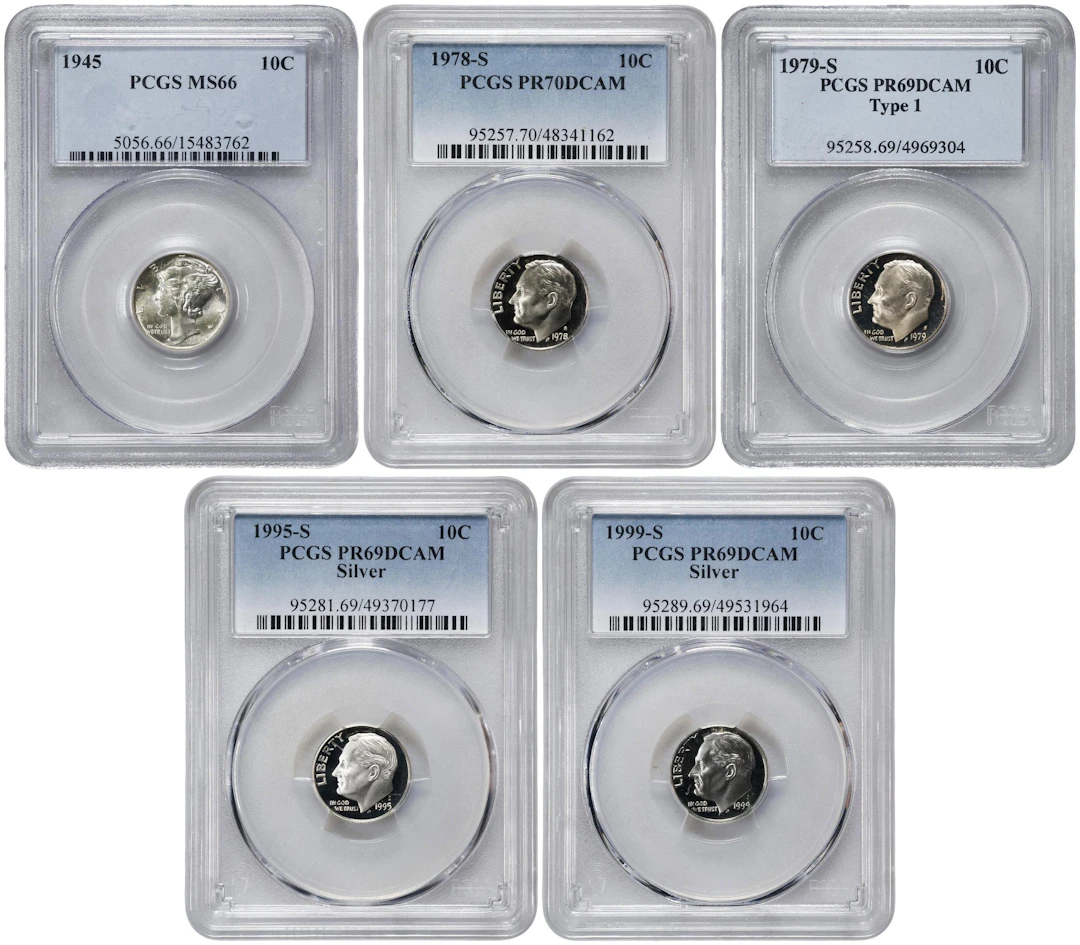 Lot of (5) Mixed Type Dimes. (PCGS).