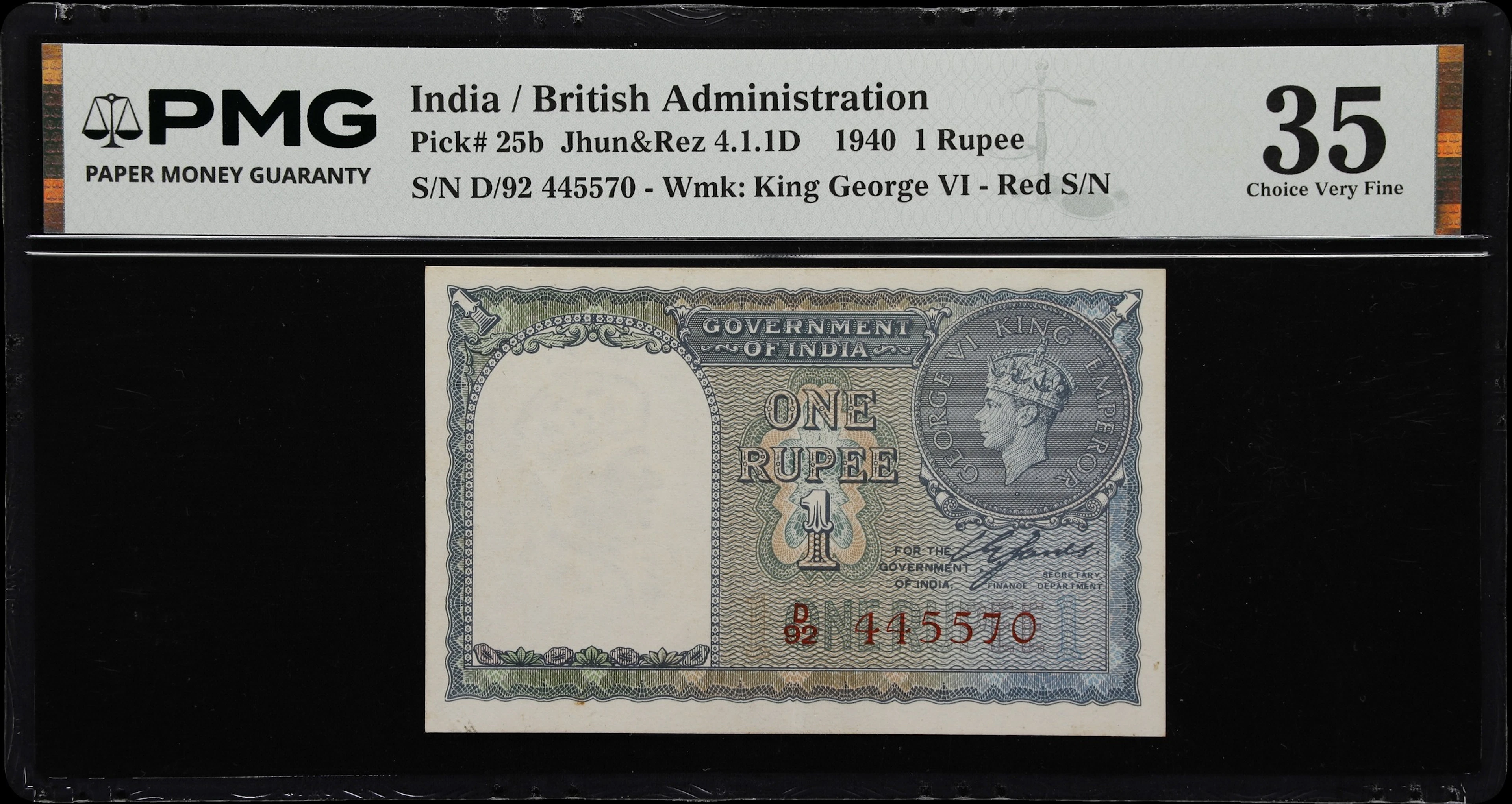 INDIA. Government of India. 1 Rupee, 1940. P-25b. Jhun&Rez 4.1.1D.