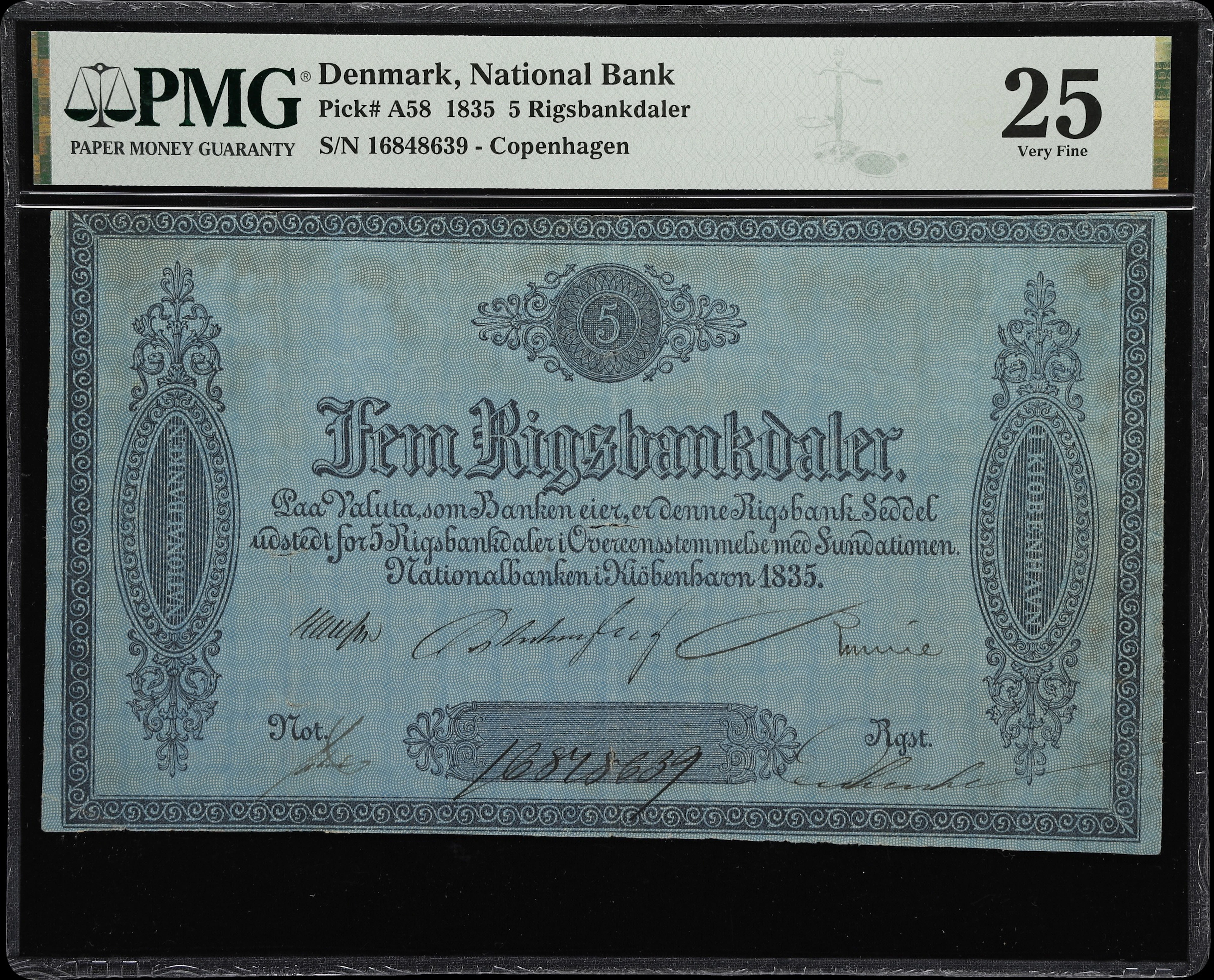 (◊) DENMARK. Nationalbanken i Kiobenhavn. 5 Rigsbankdaler, 1835. P-A58.