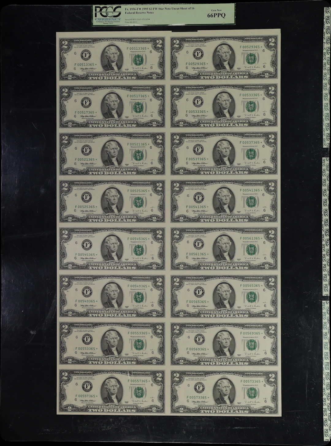 Uncut Sheet of (16) Fr. 1936-F*. 1995 $2 Federal Reserve Star Notes.