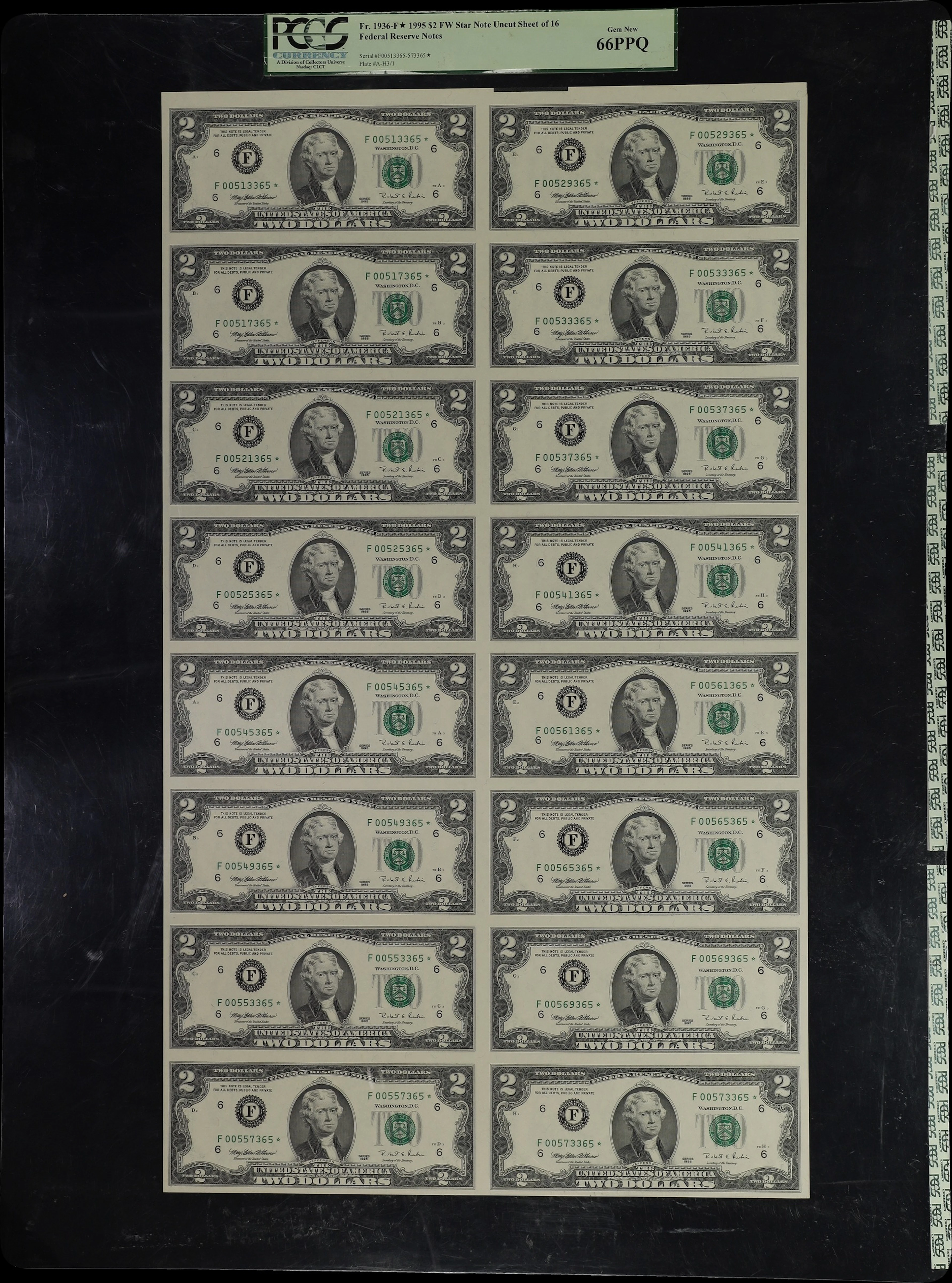 Uncut Sheet of (16) Fr. 1936-F*. 1995 $2 Federal Reserve Star Notes.