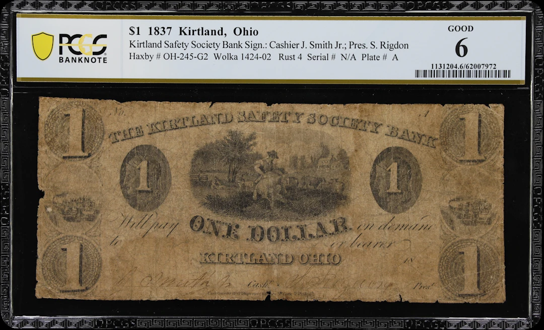 Kirtland, Ohio. Kirtland Safety Society Bank. 1837 $1. PCGS Banknote Good 6.