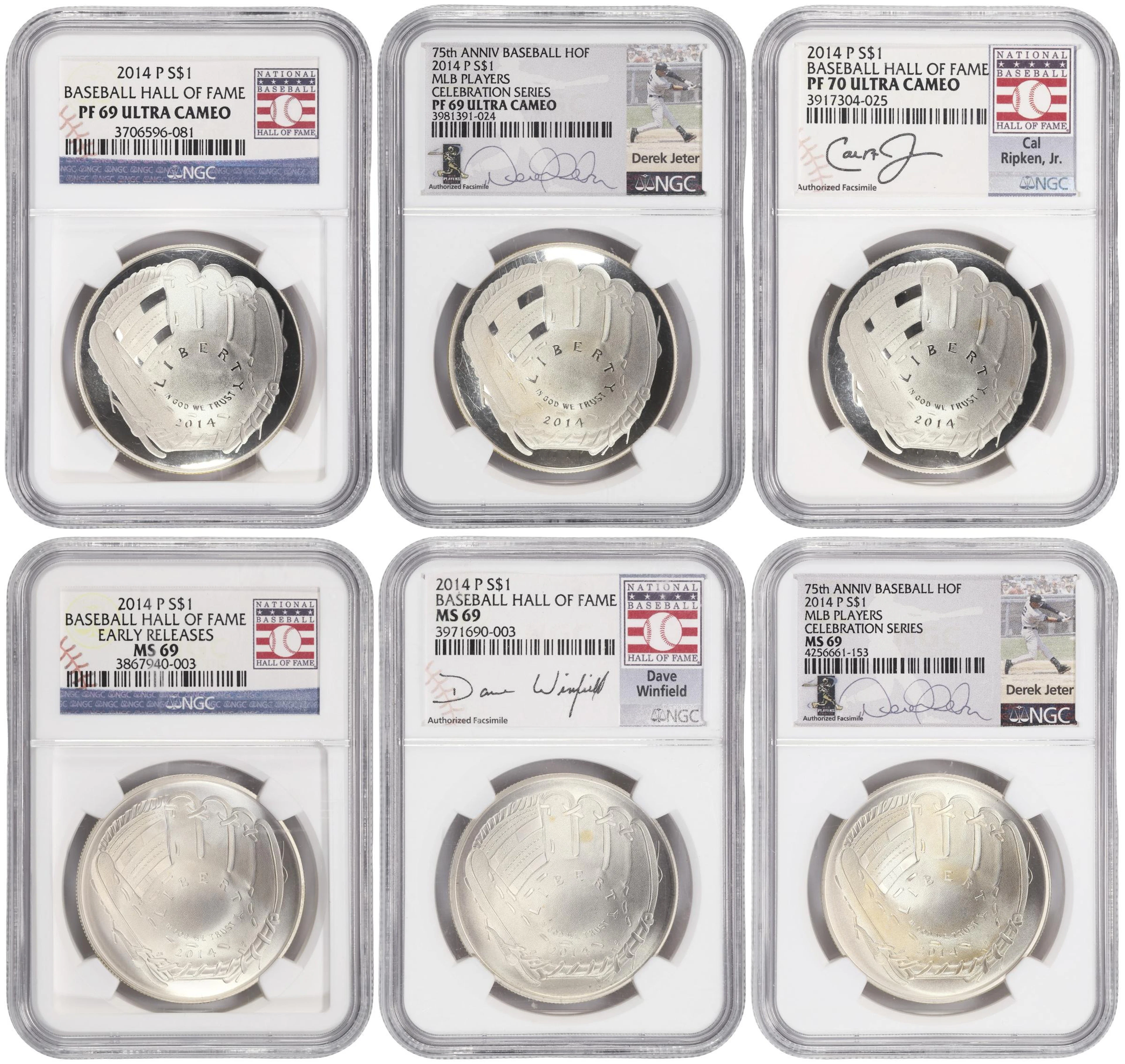 (4.64 oz, 144.335 g ASW). Lot of (6) 2014-P Baseball Hall of Fame
