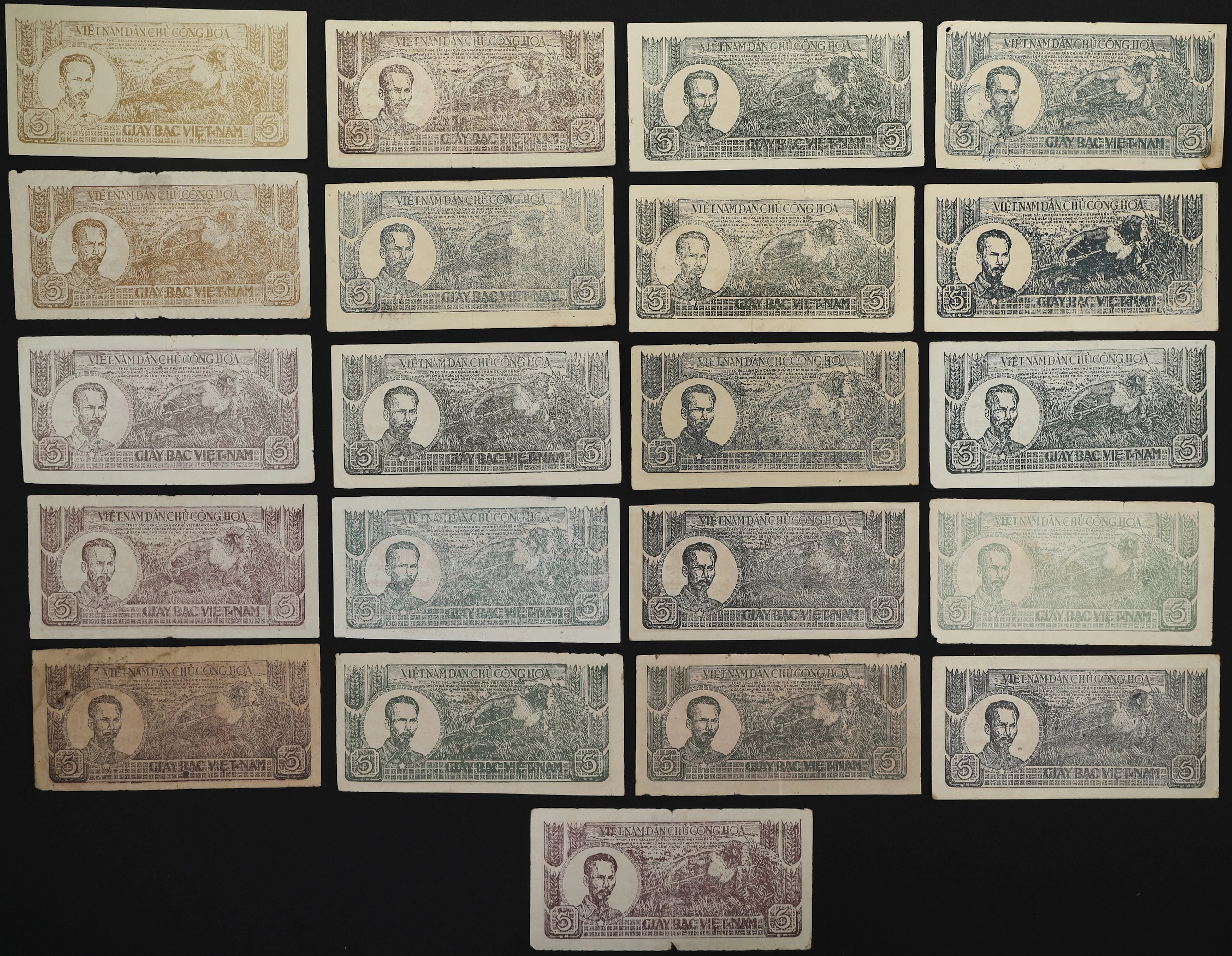 VIETNAM. Lot of (21). Viet-Nam Dan-Chu Cong-Hoa. 5 Dong, ND (1948).