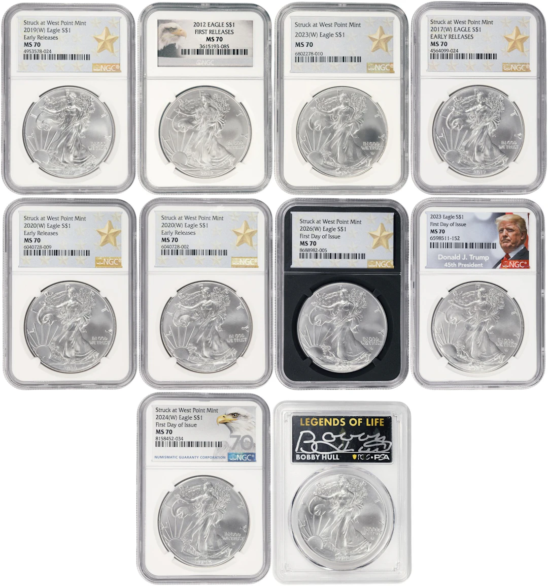 (10 oz, 311.04 g ASW). Lot of (10) Mixed Date American Silver Eagles.