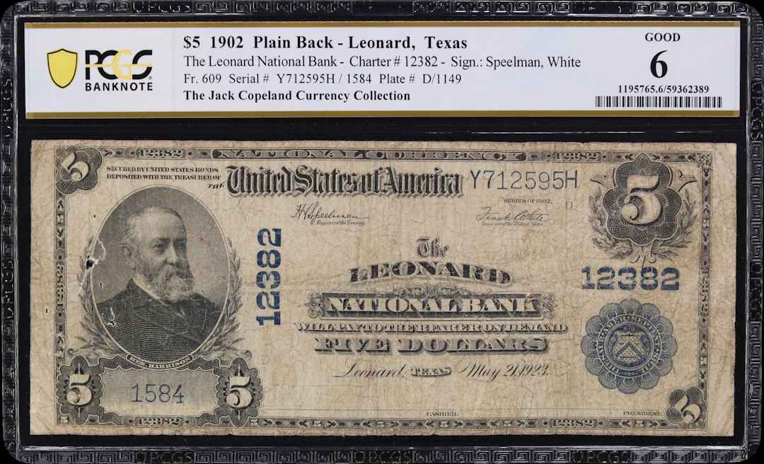 Leonard, Texas. $5 1902 Plain Back. Fr. 609. Leonard NB. Charter #12382.