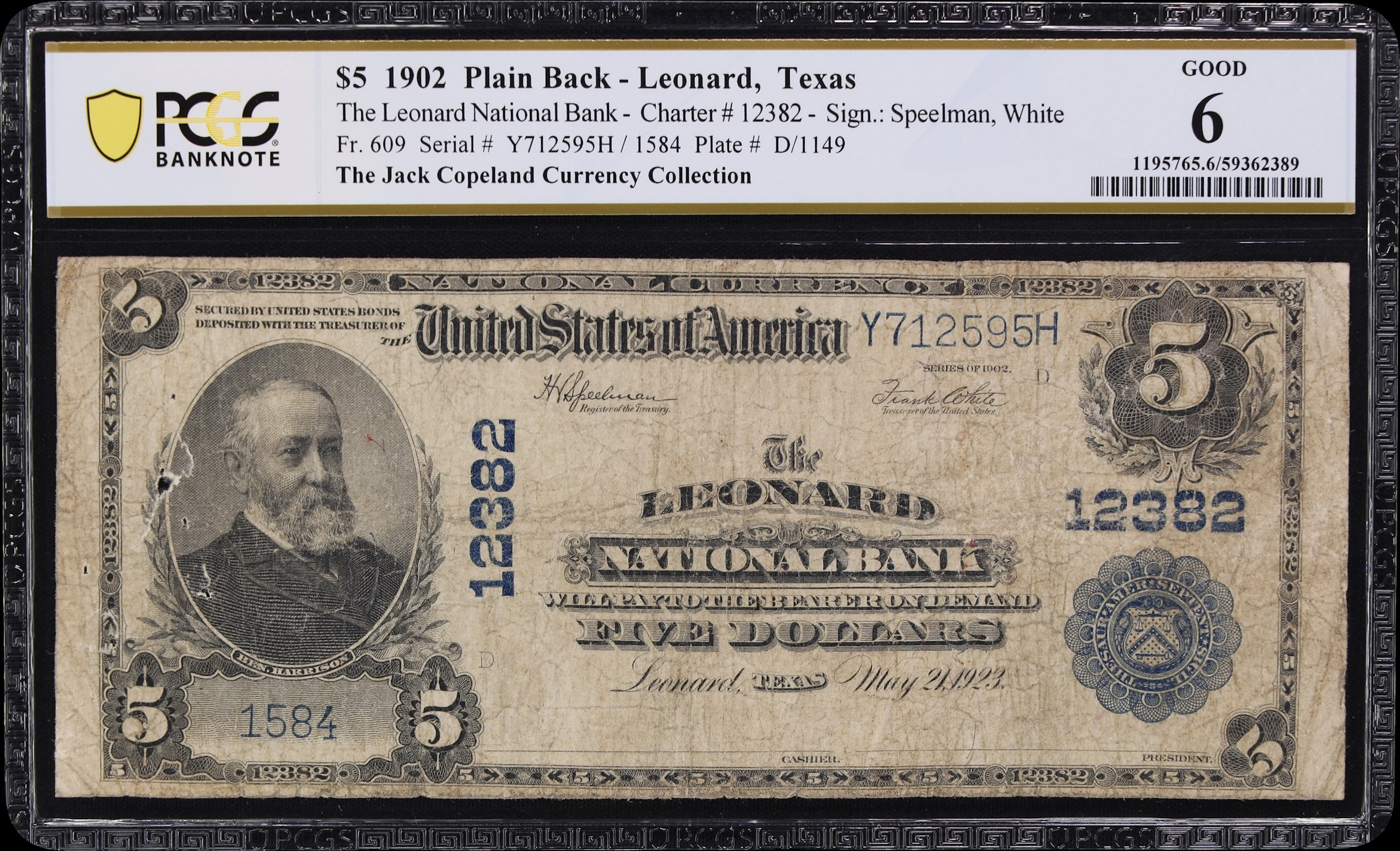 Leonard, Texas. $5 1902 Plain Back. Fr. 609. Leonard NB. Charter #12382.