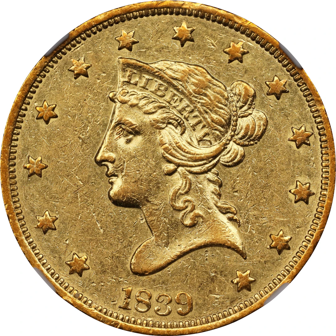 1839/8 Liberty Head Eagle. Type of 1838, Large Letters. AU-58 (NGC).