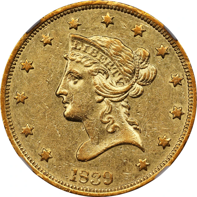 1839/8 Liberty Head Eagle. Type of 1838, Large Letters. AU-58 (NGC).