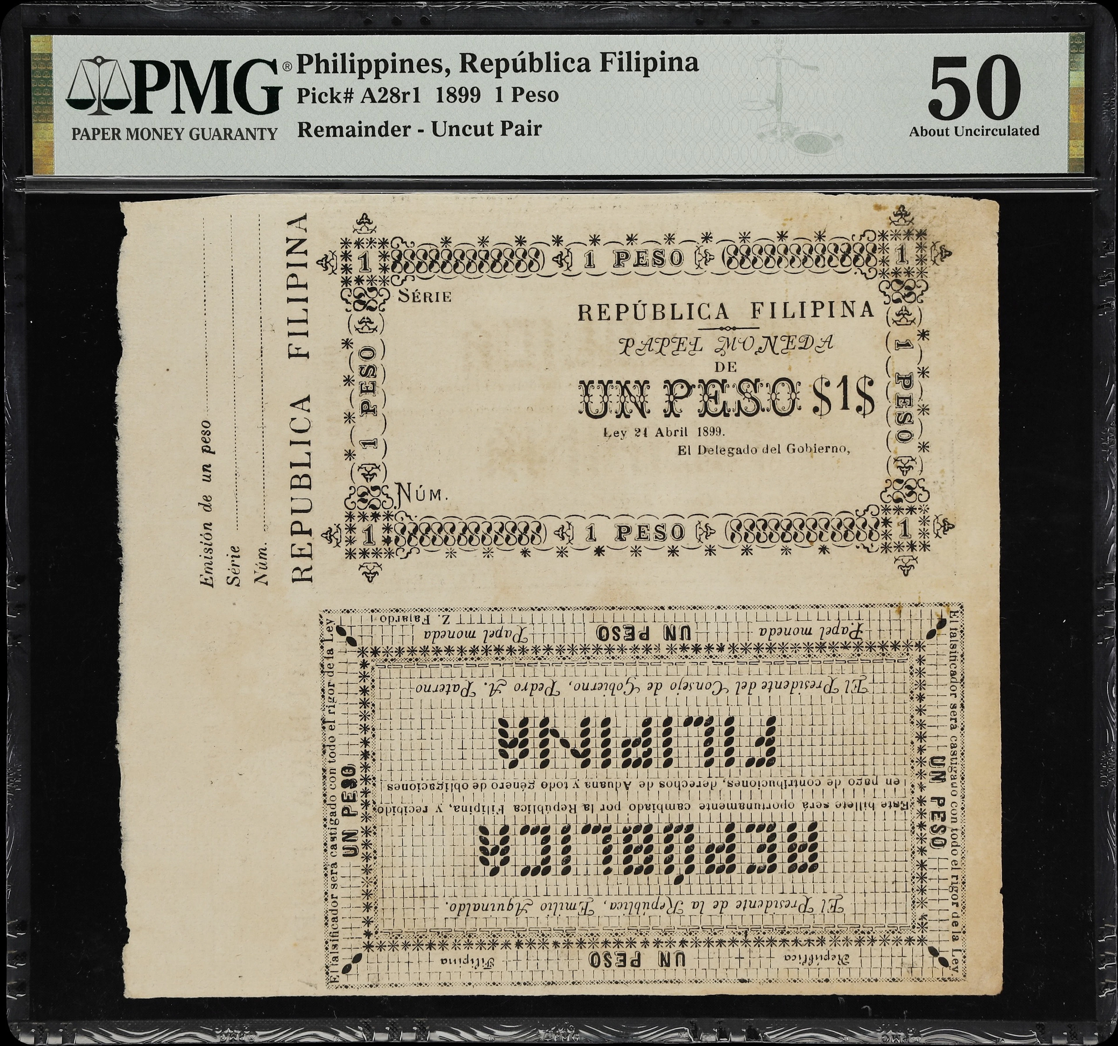 PHILIPPINES. Republica Filipina. 1 Peso, 24.4.1899. P-A28r1. Remainder.