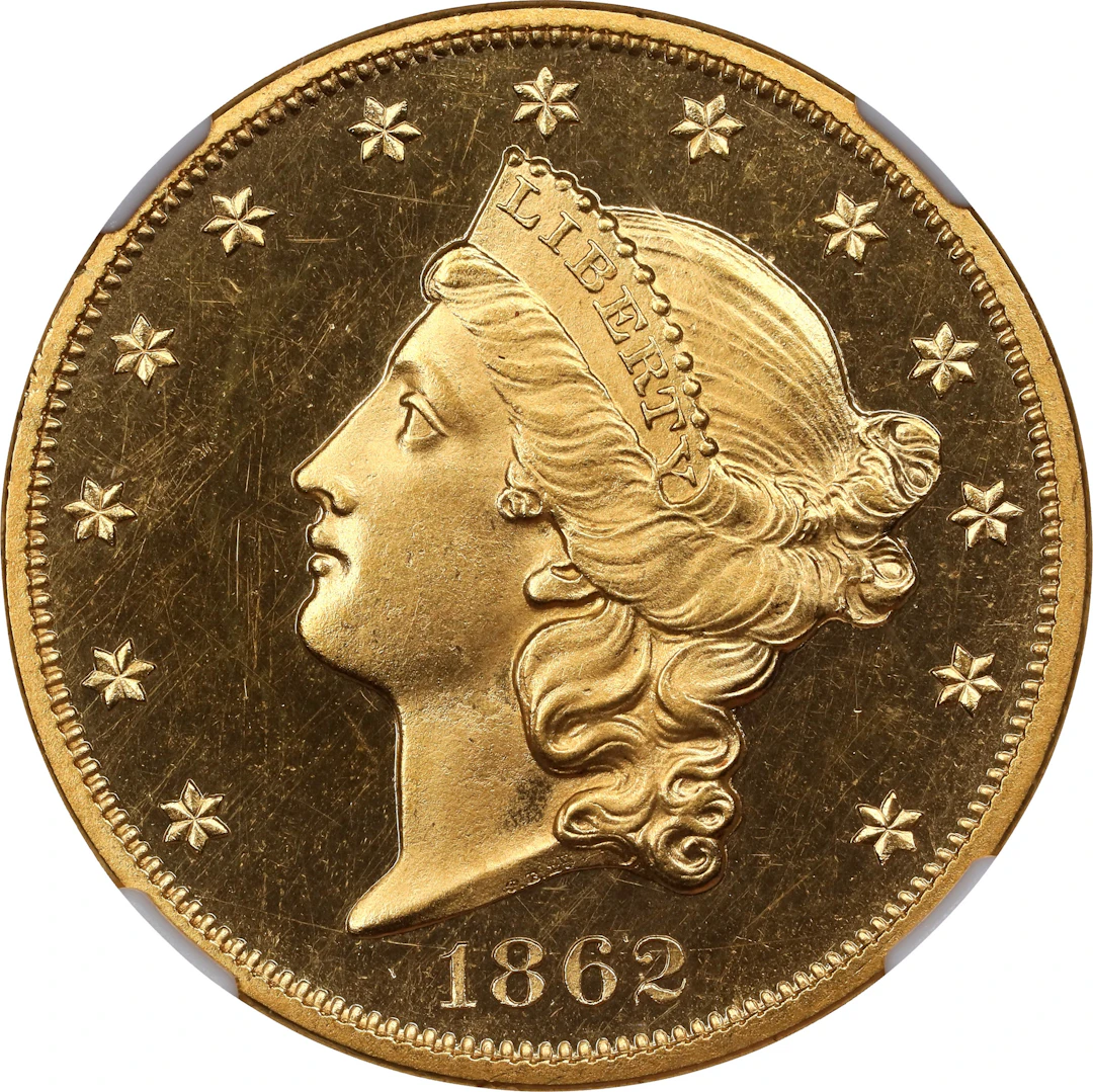 1862 Liberty Head Double Eagle. JD-1. Rarity-7-. Proof-65 Cameo (NGC).