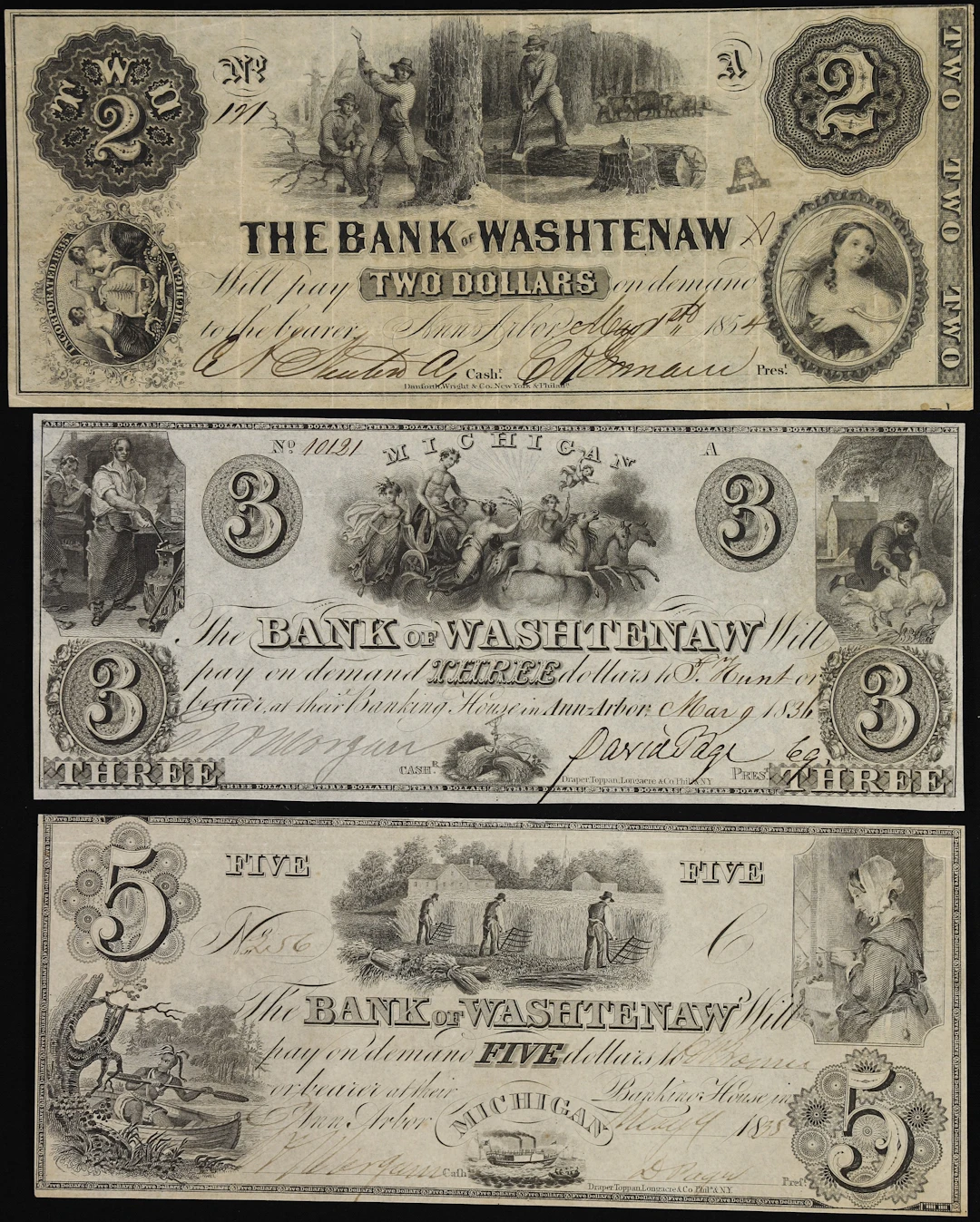Lot of (3) Ann Arbor, Michigan. Bank of Washtenaw. 1835-54 $2, $3