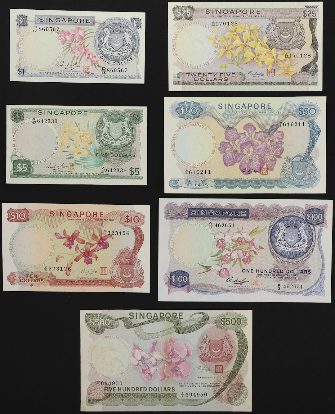 SINGAPORE. Lot of (7). Board of Commissioners of Currency. 1, 5, 10