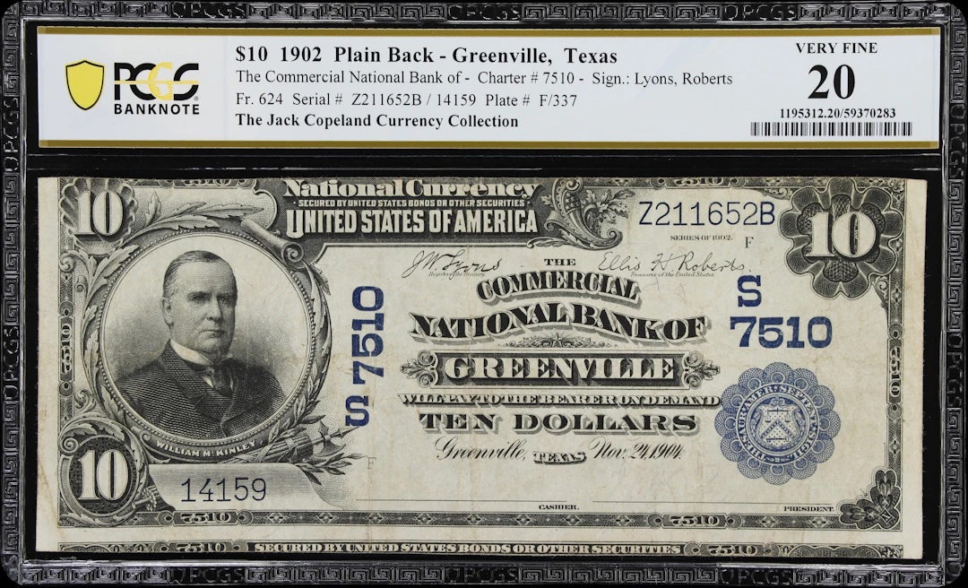 Greenville, Texas. $10 1902 Plain Back. Fr. 624. Commercial NB. Charter