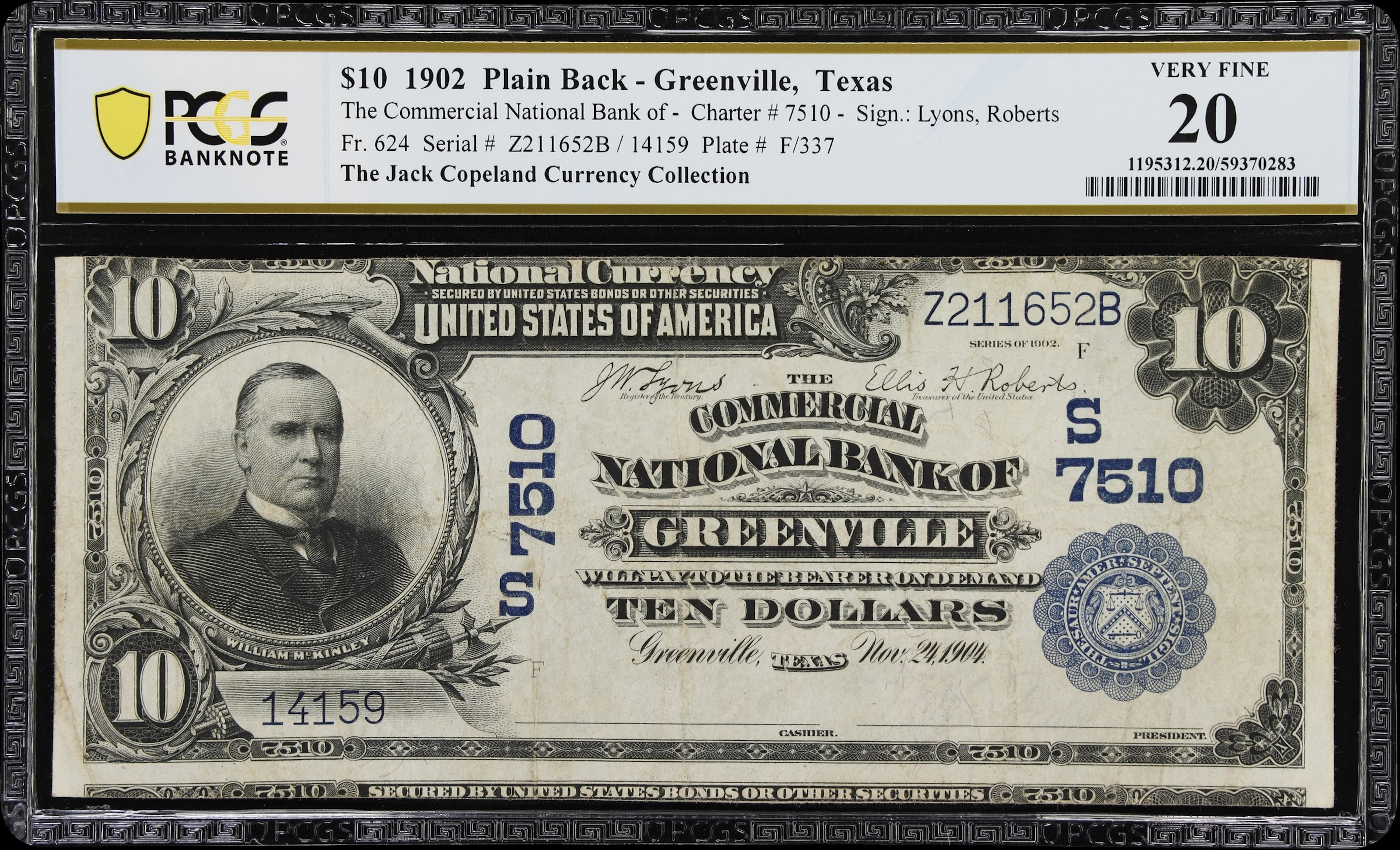 Greenville, Texas. $10 1902 Plain Back. Fr. 624. Commercial NB. Charter