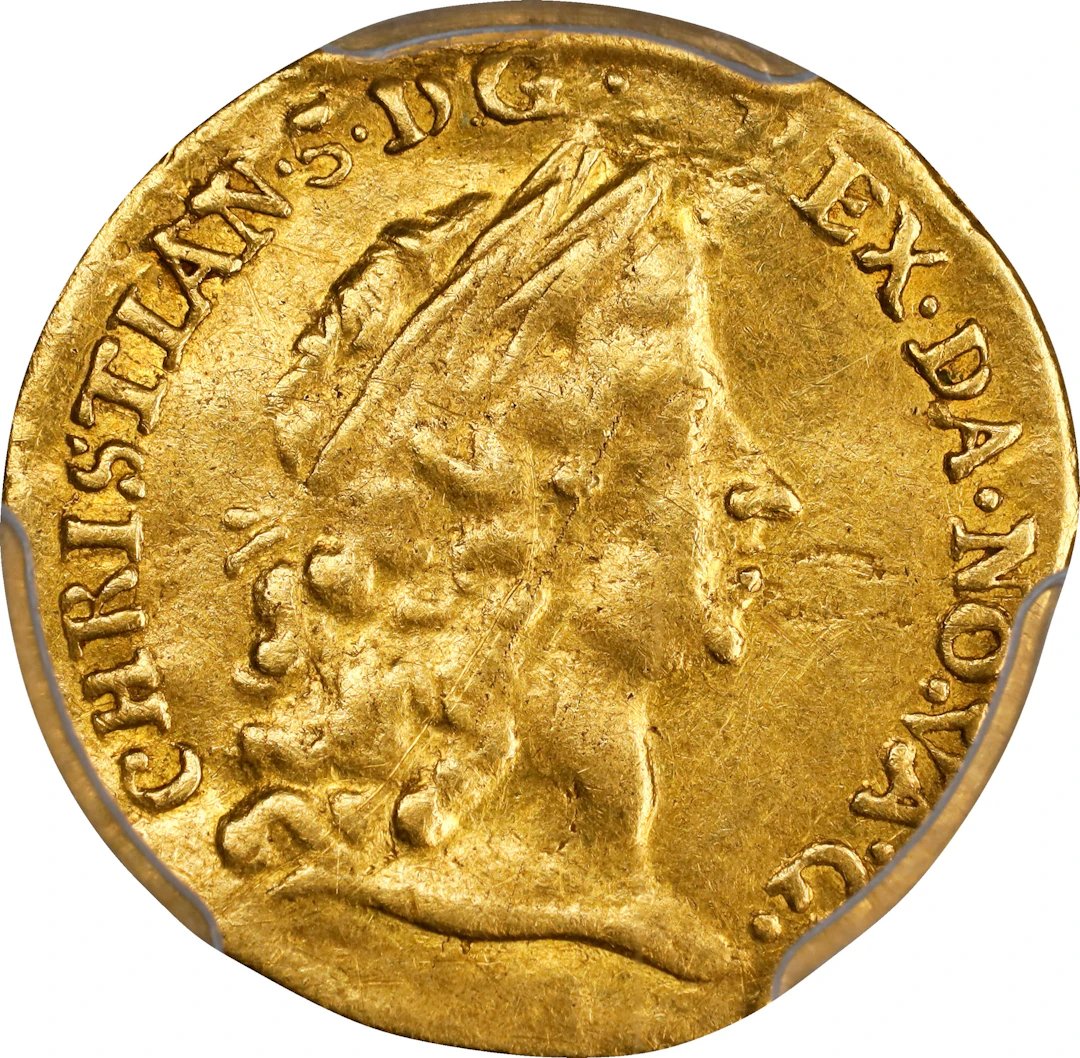 (◊) DENMARK. 1/4 Ducat (3 Mark), 1676-GK. Copenhagen Mint. Christian