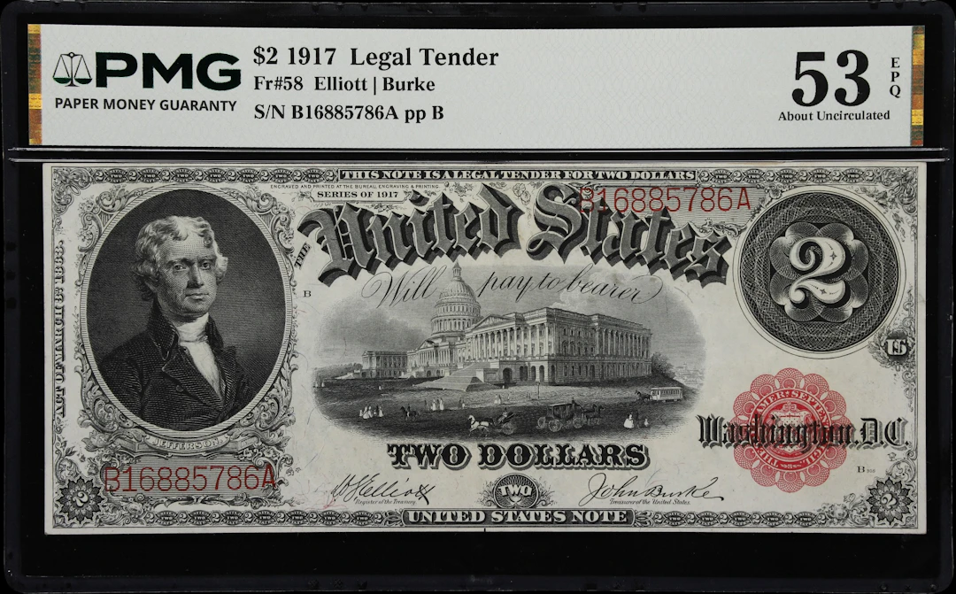 Fr. 58. 1917 $2 Legal Tender Note. PMG About Uncirculated 53 EPQ.