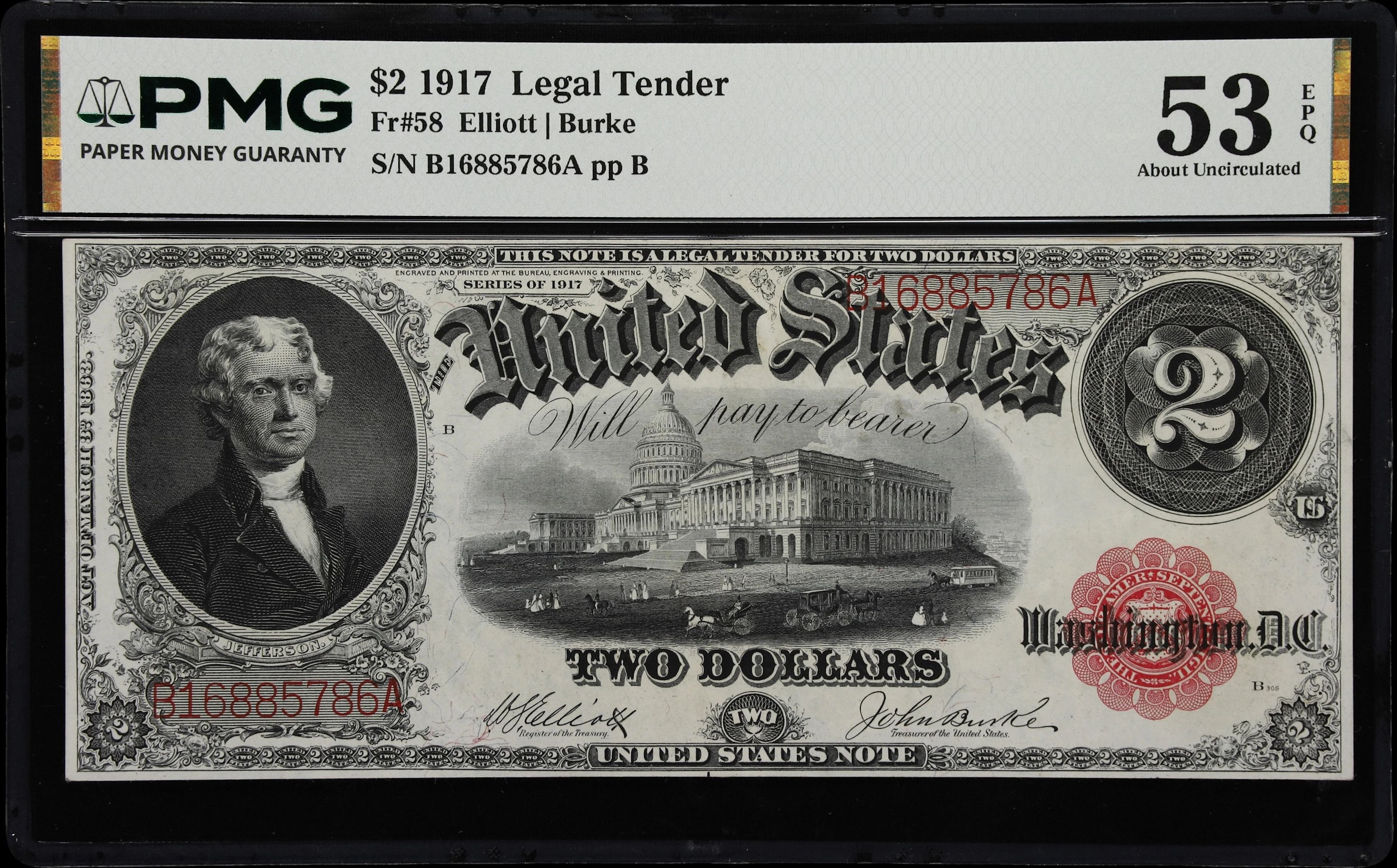 Fr. 58. 1917 $2 Legal Tender Note. PMG About Uncirculated 53 EPQ.