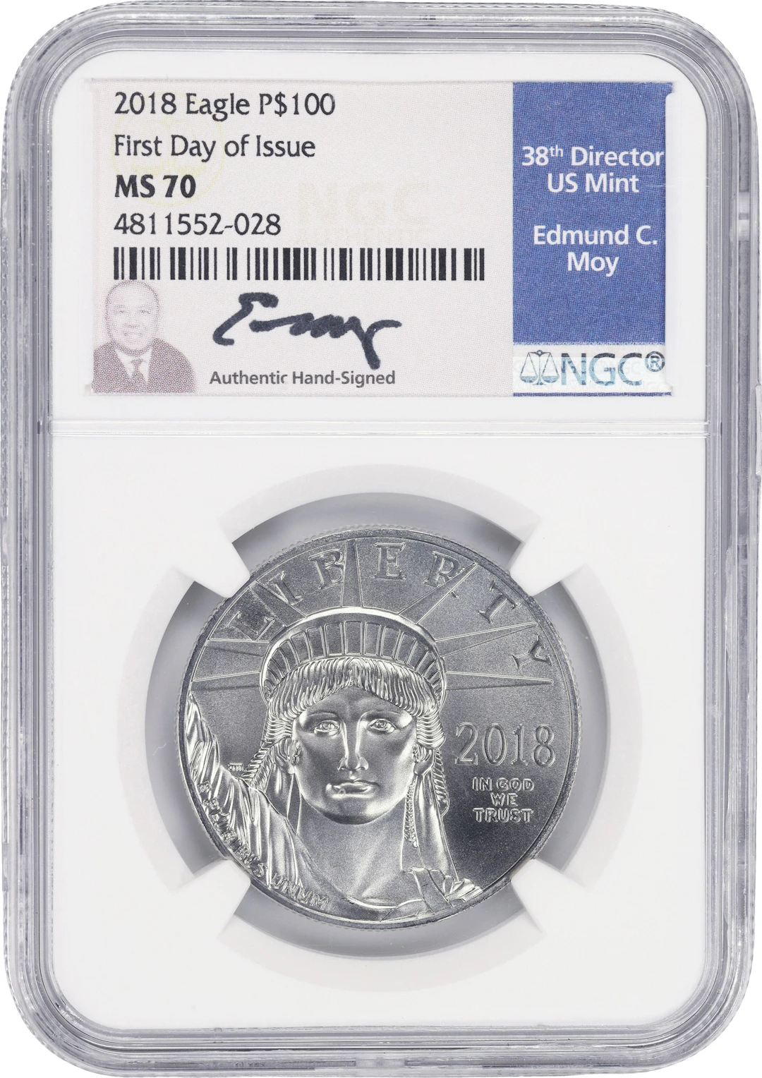 (1 oz, 31.104 g APtW). 2018 American Platinum Eagle $100. MS-70 (NGC).