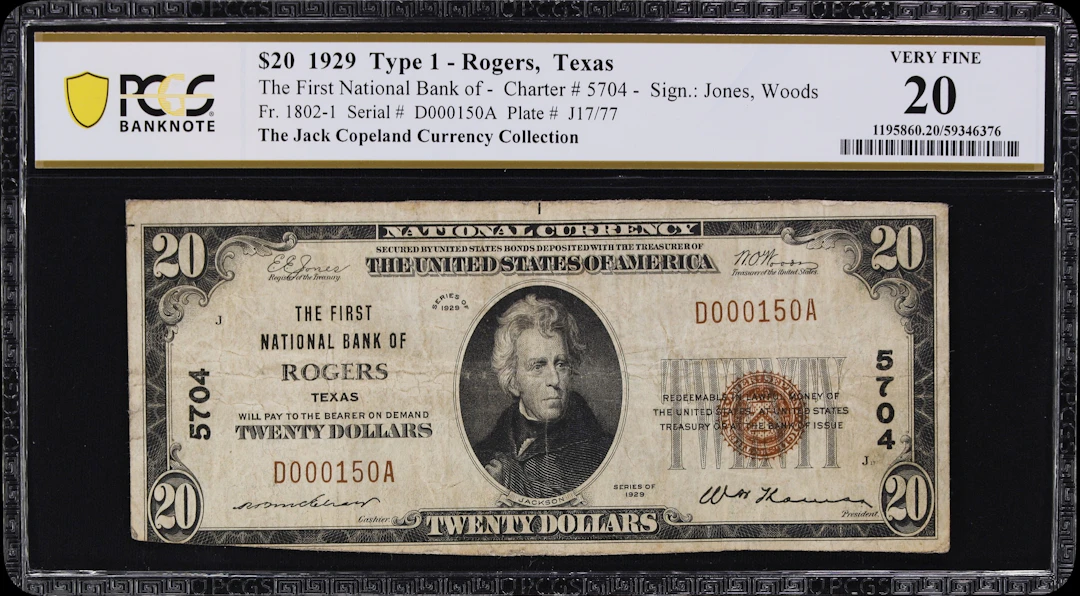 Rogers, Texas. $20 1929 Ty. 1. Fr. 1802-1. First NB. Charter #5704.
