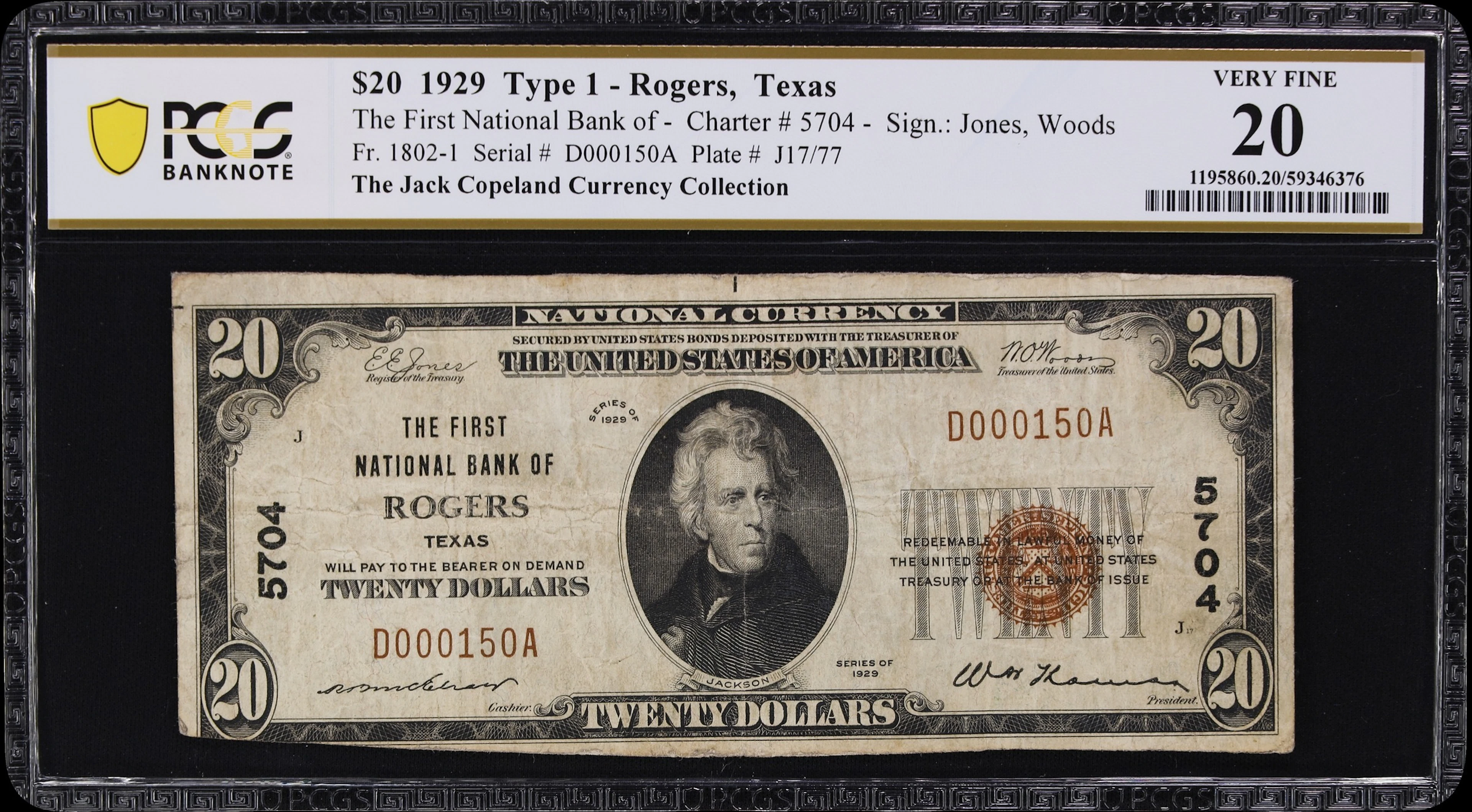 Rogers, Texas. $20 1929 Ty. 1. Fr. 1802-1. First NB. Charter #5704.