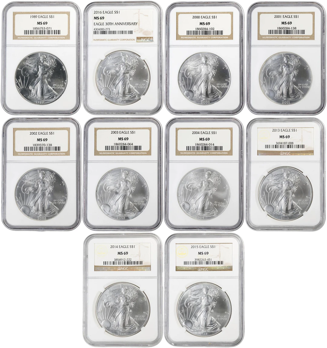 (10 oz, 311.04 g ASW). Lot of (10) Mixed Date American Silver Eagles.