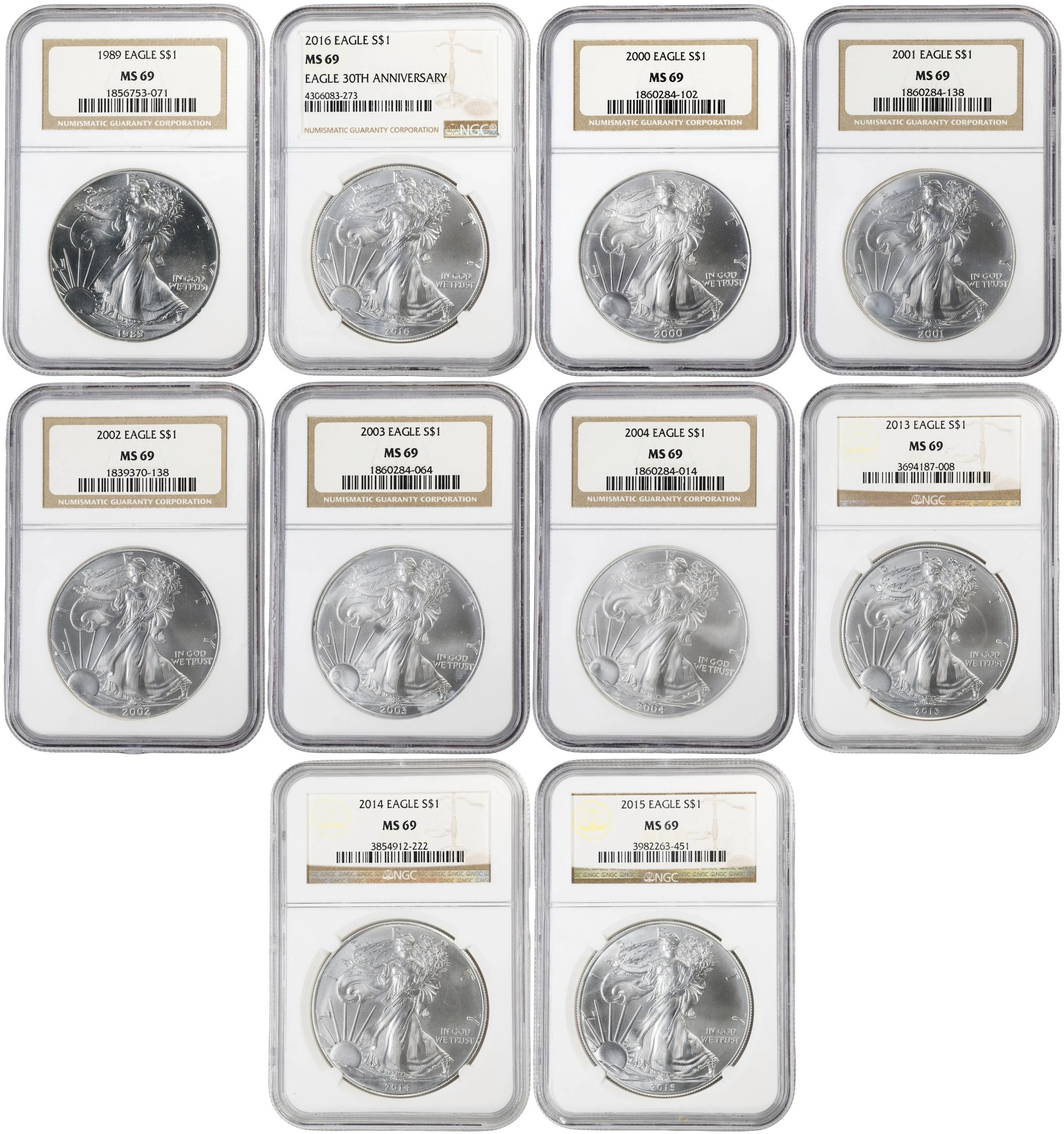 (10 oz, 311.04 g ASW). Lot of (10) Mixed Date American Silver Eagles.