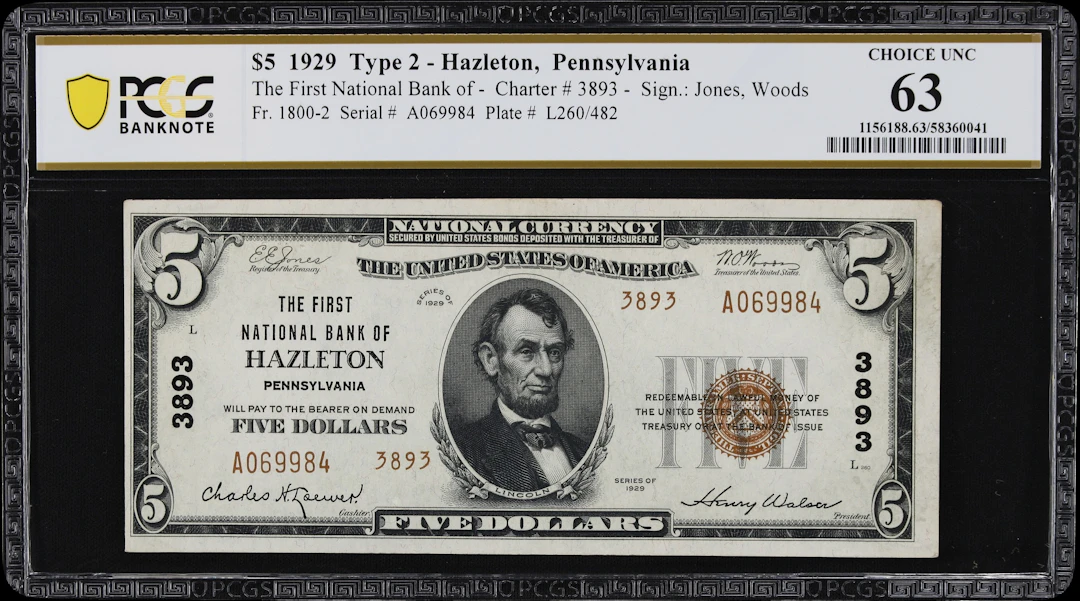 Hazleton, Pennsylvania. $5 1929 Ty. 2. Fr. 1800-2. First NB. Charter